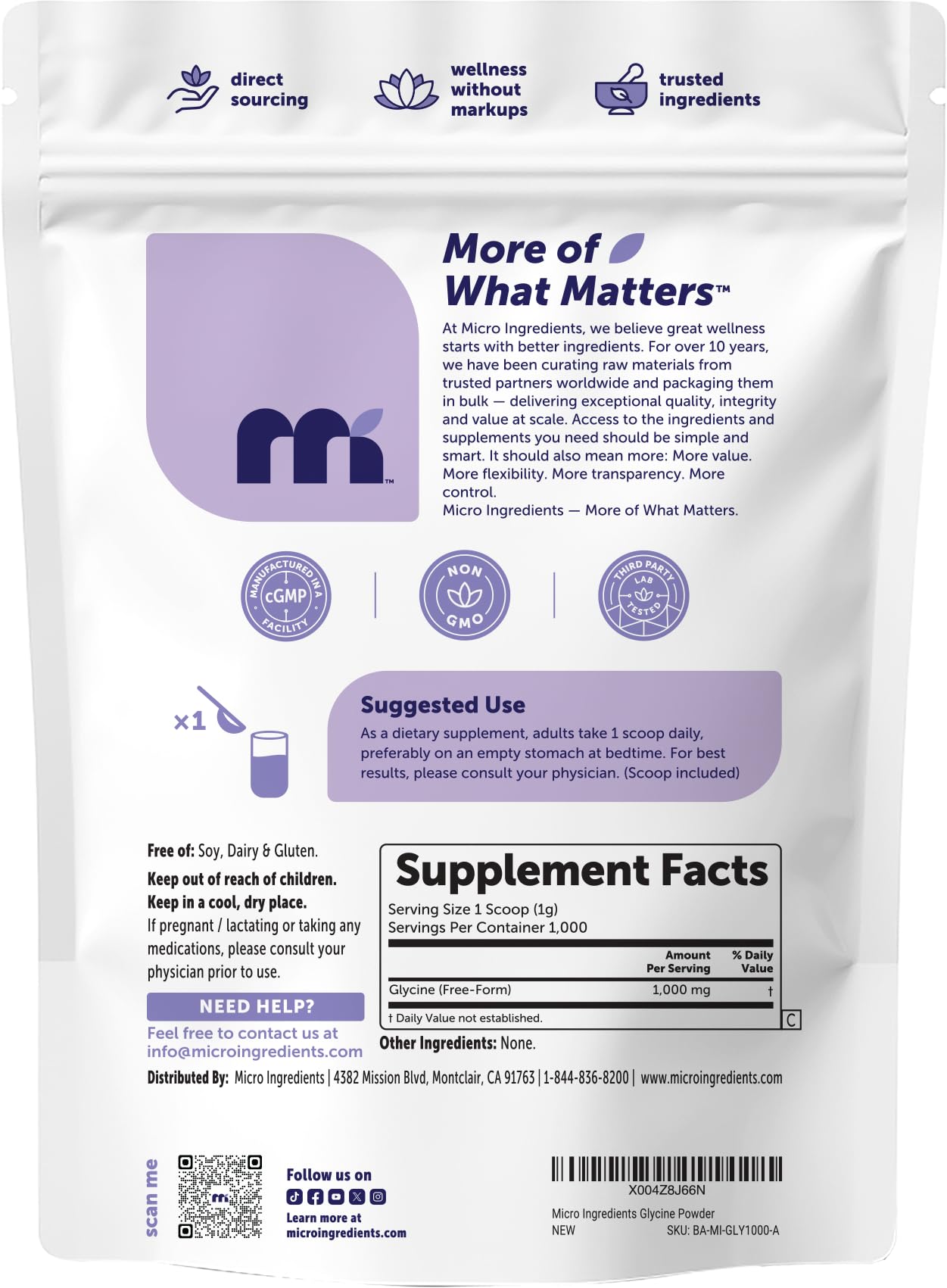 Micro Ingredients Glycine Powder 1000 mg per Serving

