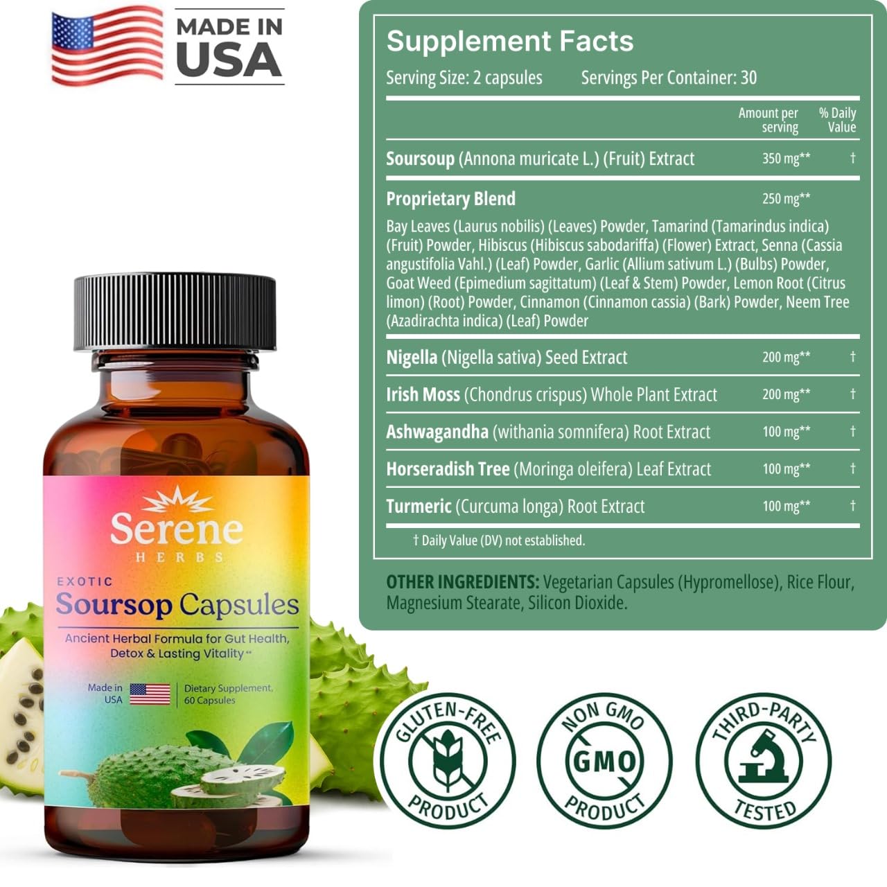 Graviola Soursop Capsules by Serene Herbs Organic Vegan

