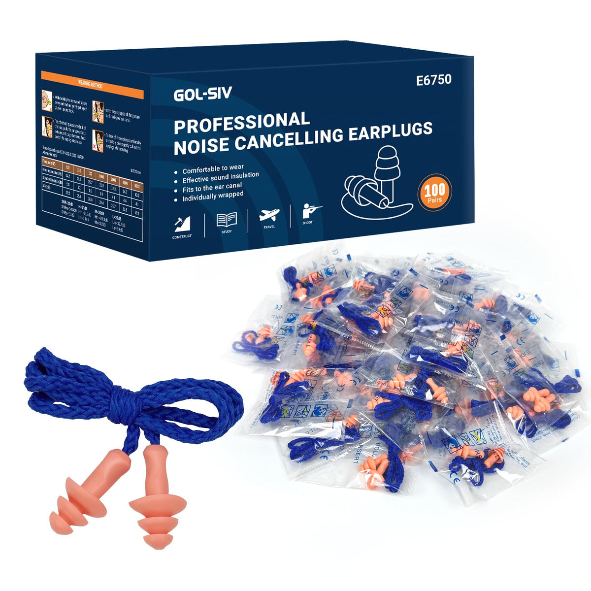 GOL-SIV Foam Ear Plugs with Cord - Individually Wrapped Hearing Protection