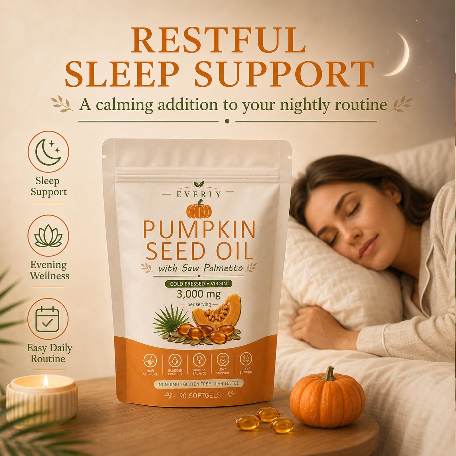 Everly Pumpkin Seed Oil with Saw Palmetto Softgels - Cold Pressed

