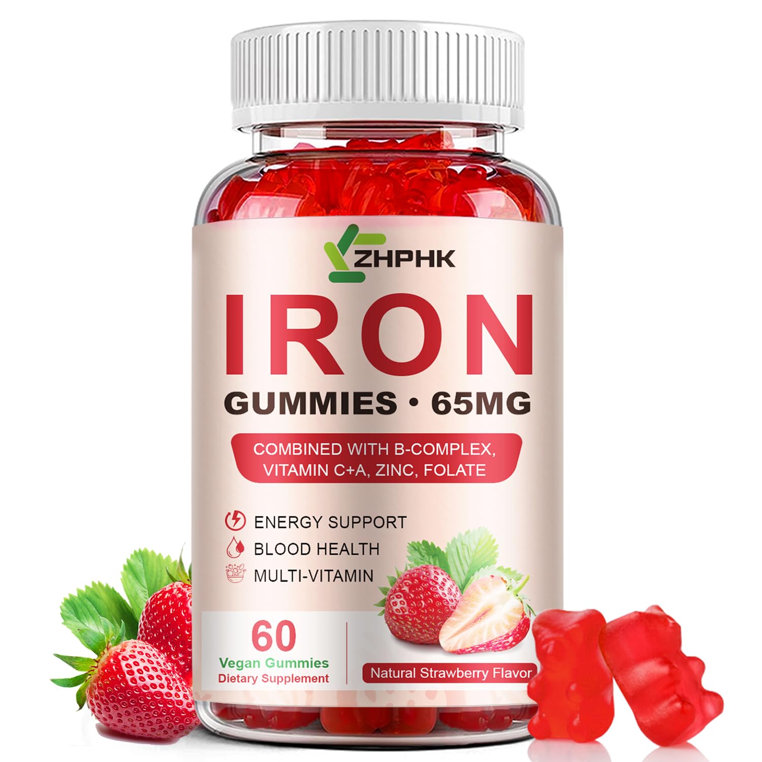 ZHPHK Iron Gummies – 65mg Iron with Folate, Gluten-Free

