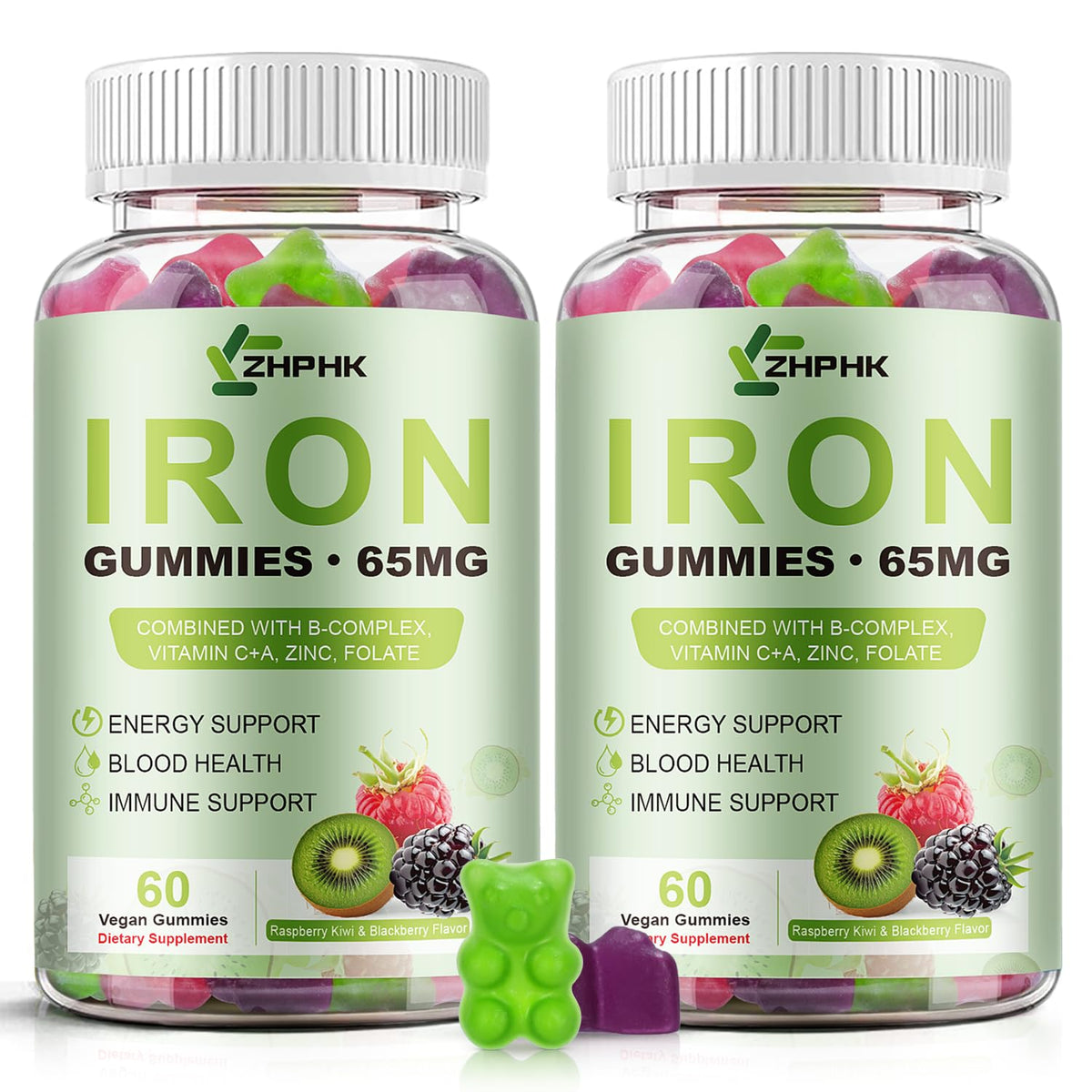 ZHPHK Iron Gummies – 65mg Iron with Folate, Gluten-Free Vegan