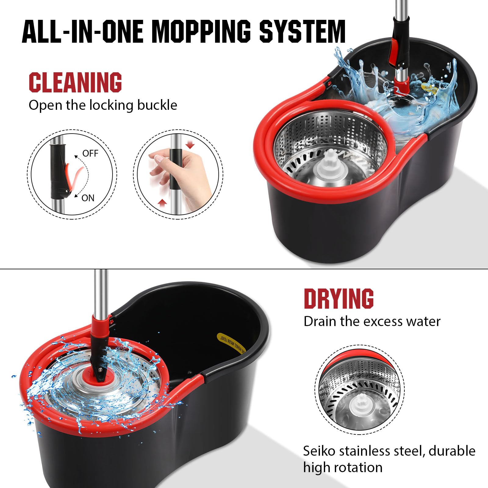 Spin Mop and Bucket Wringer System – 3 Microfiber Heads

