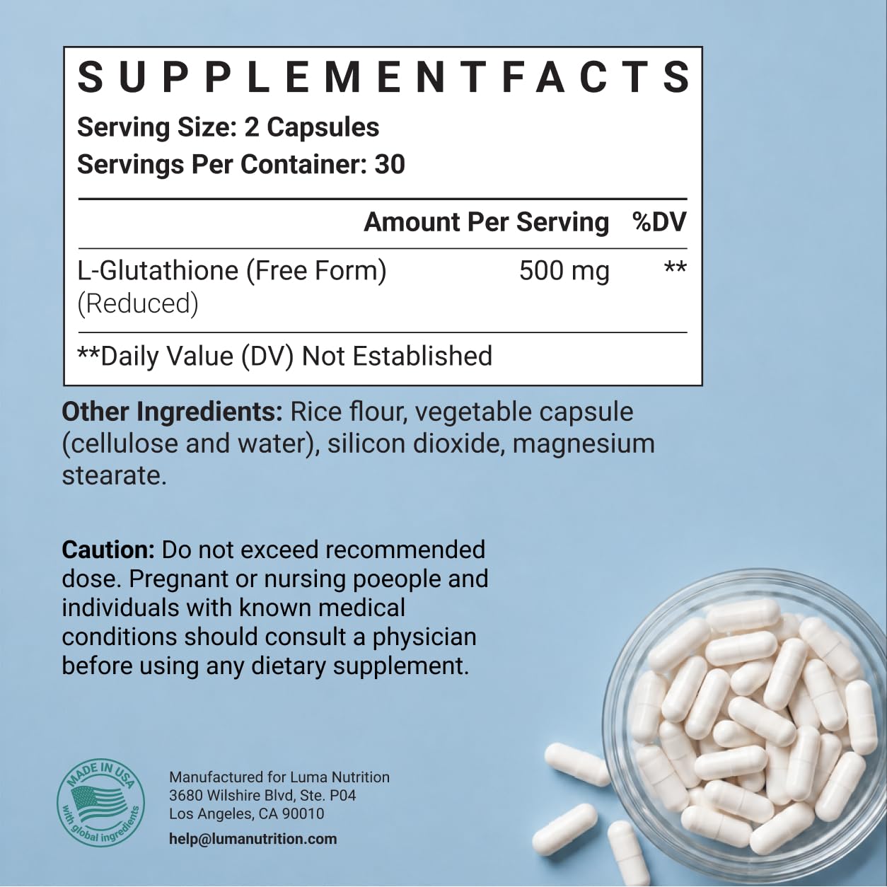 Luma Nutrition Glutathione Supplement - Reduced L-Glutathione


