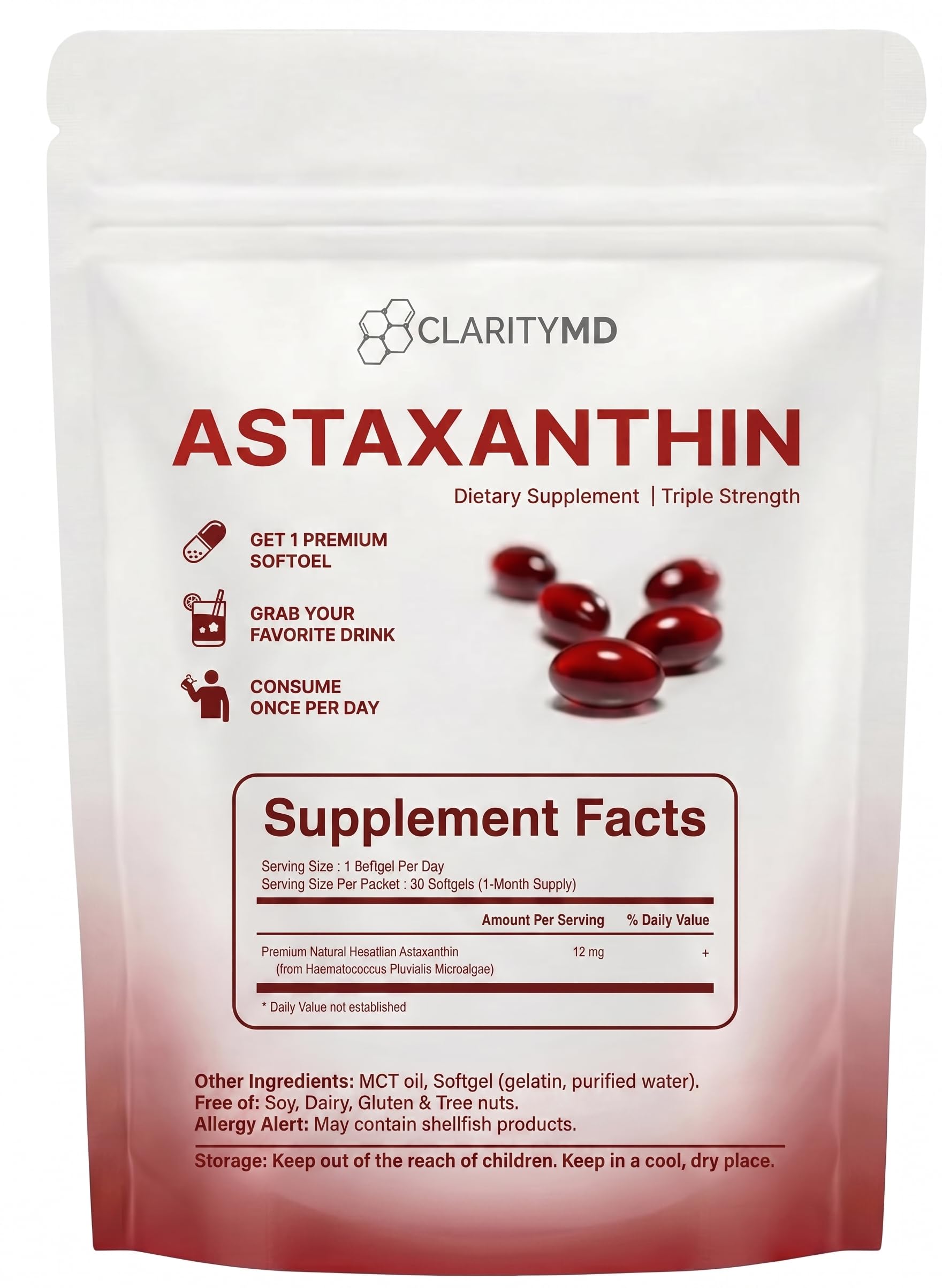 Astaxanthin 12mg Softgels - Natural Microalgae Source

