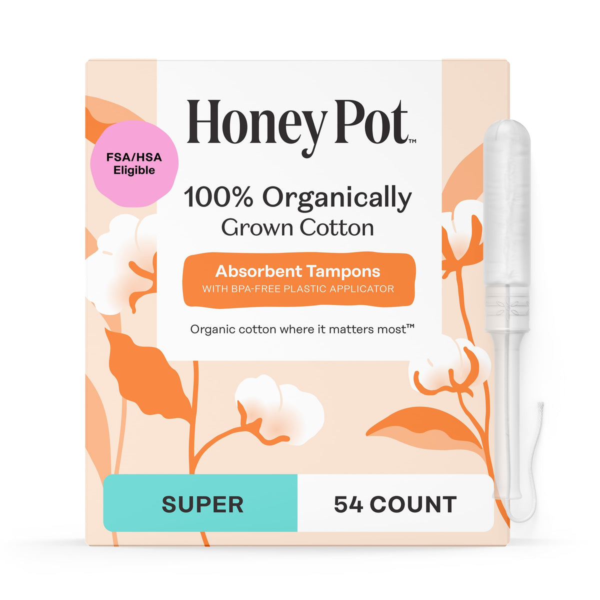 Honey Pot Organic Cotton Tampons with Bio Plastic Applicator - Fragrance-Free Feminine Care