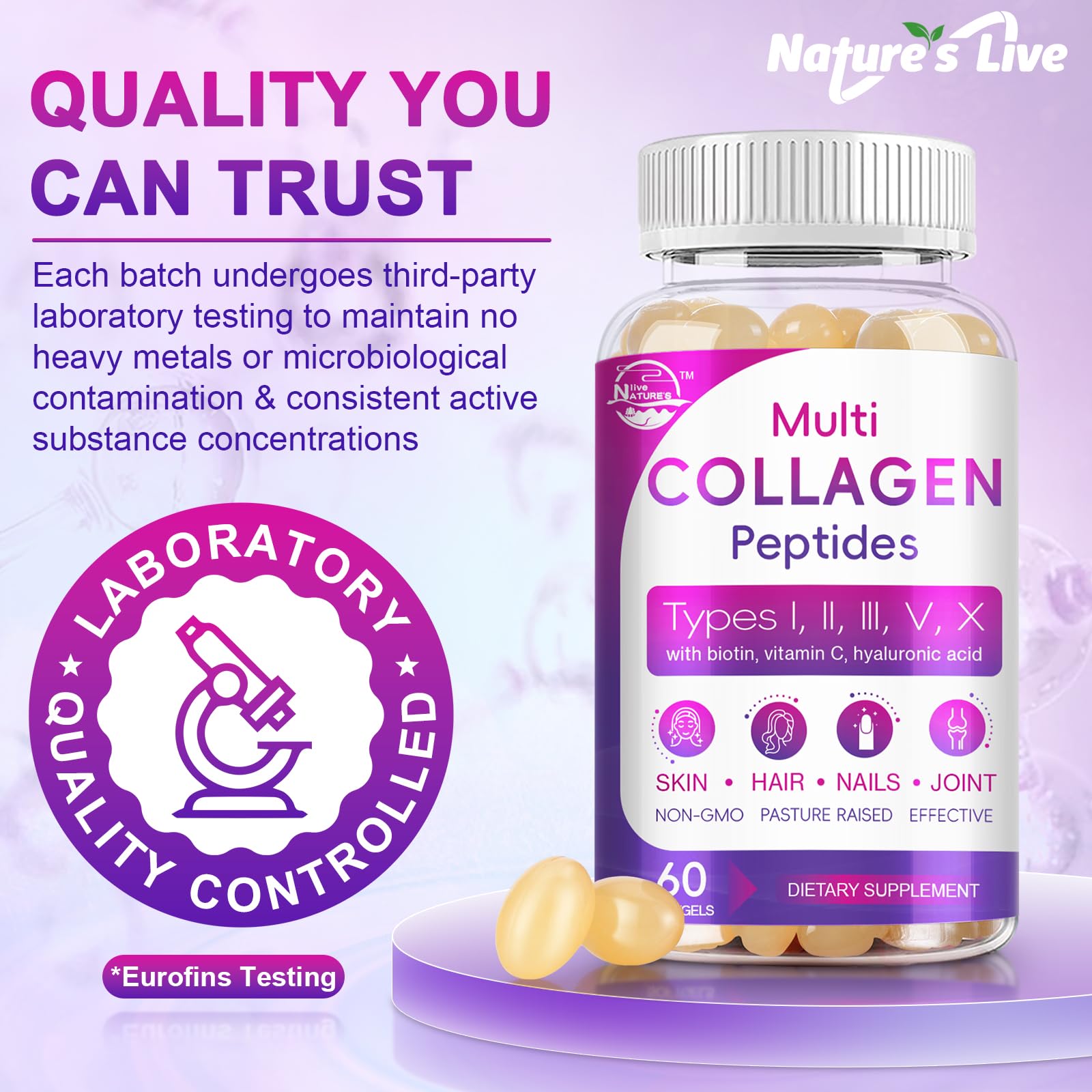 Nature's Live Collagen Softgels - Type I-X with Biotin

