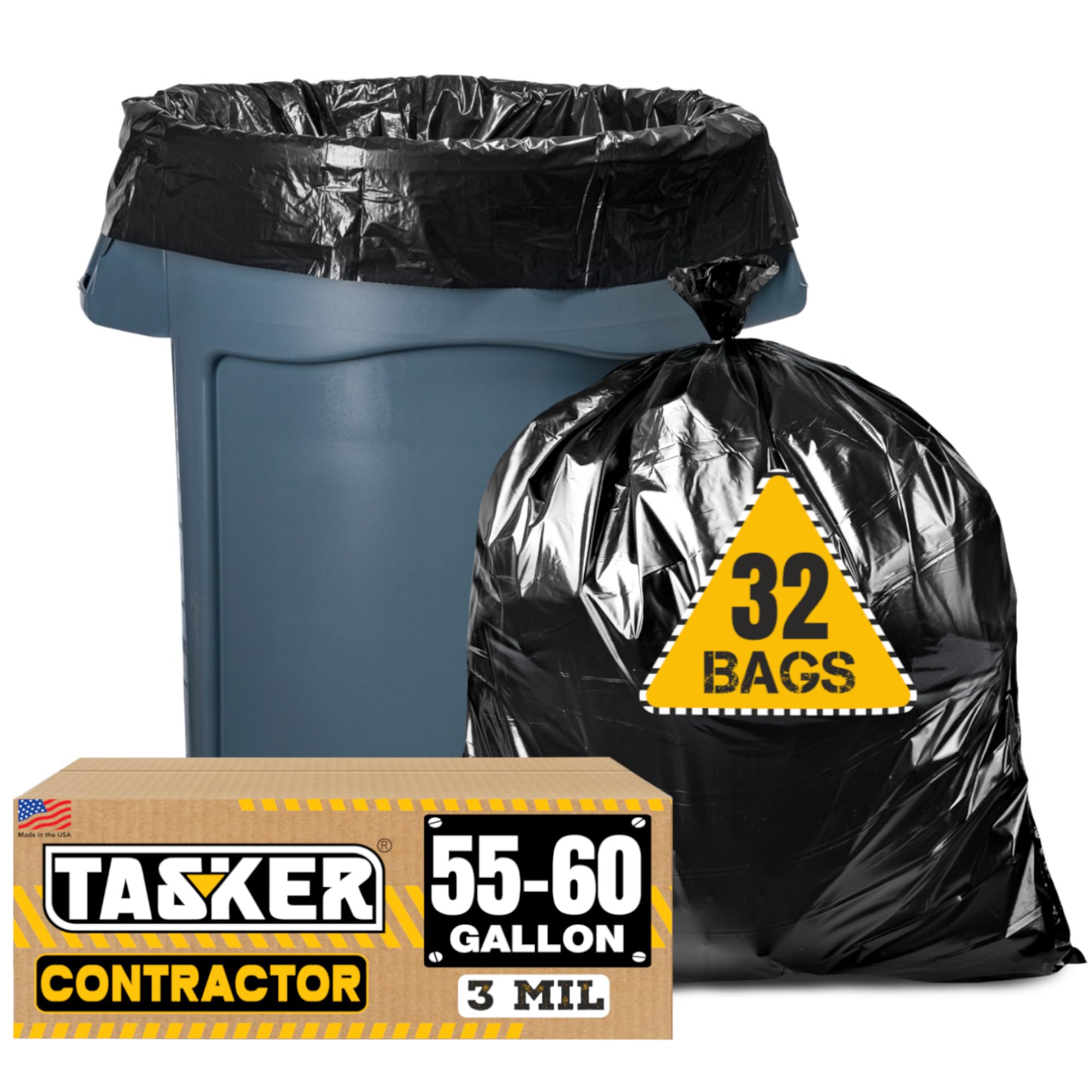 Tasker 55 Gallon Contractor Garbage Bags, 3 Mil Heavy-Duty Black Trash Bags