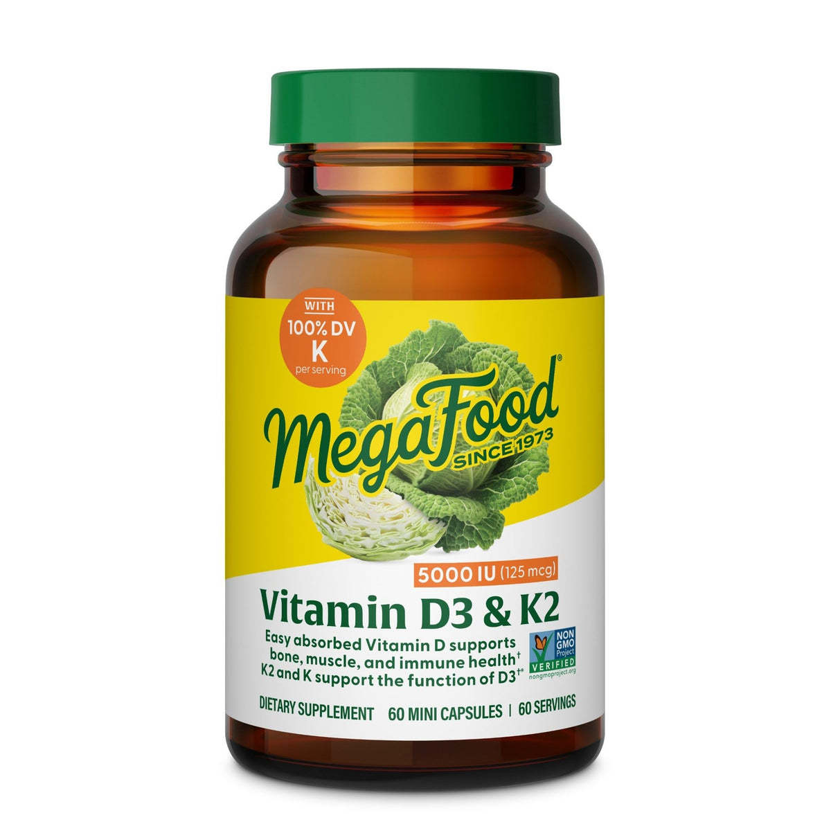 MegaFood Vitamin D3 5000 IU with K2 – Vegetarian D3 Supplement for Bones & Immune Health