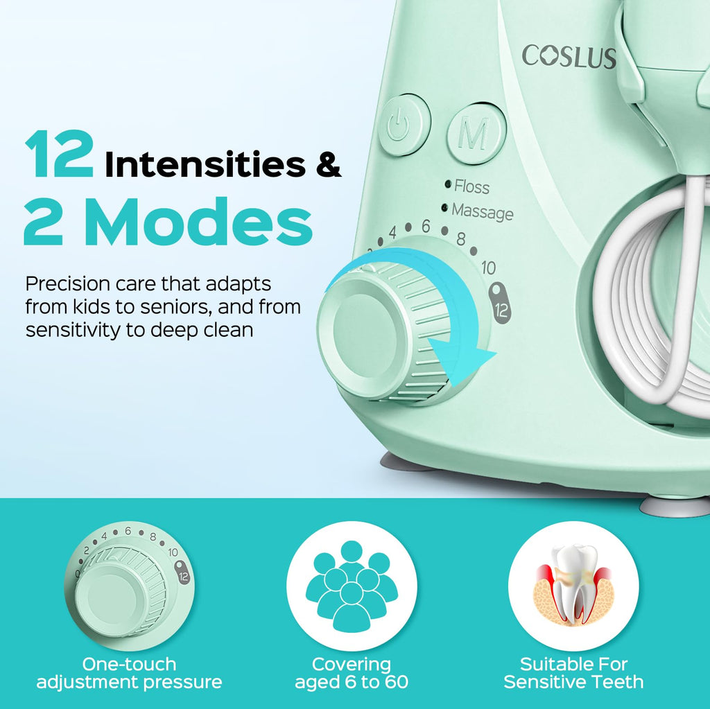 COSLUS E2 Water Flosser – 12 Settings, 2 Modes

