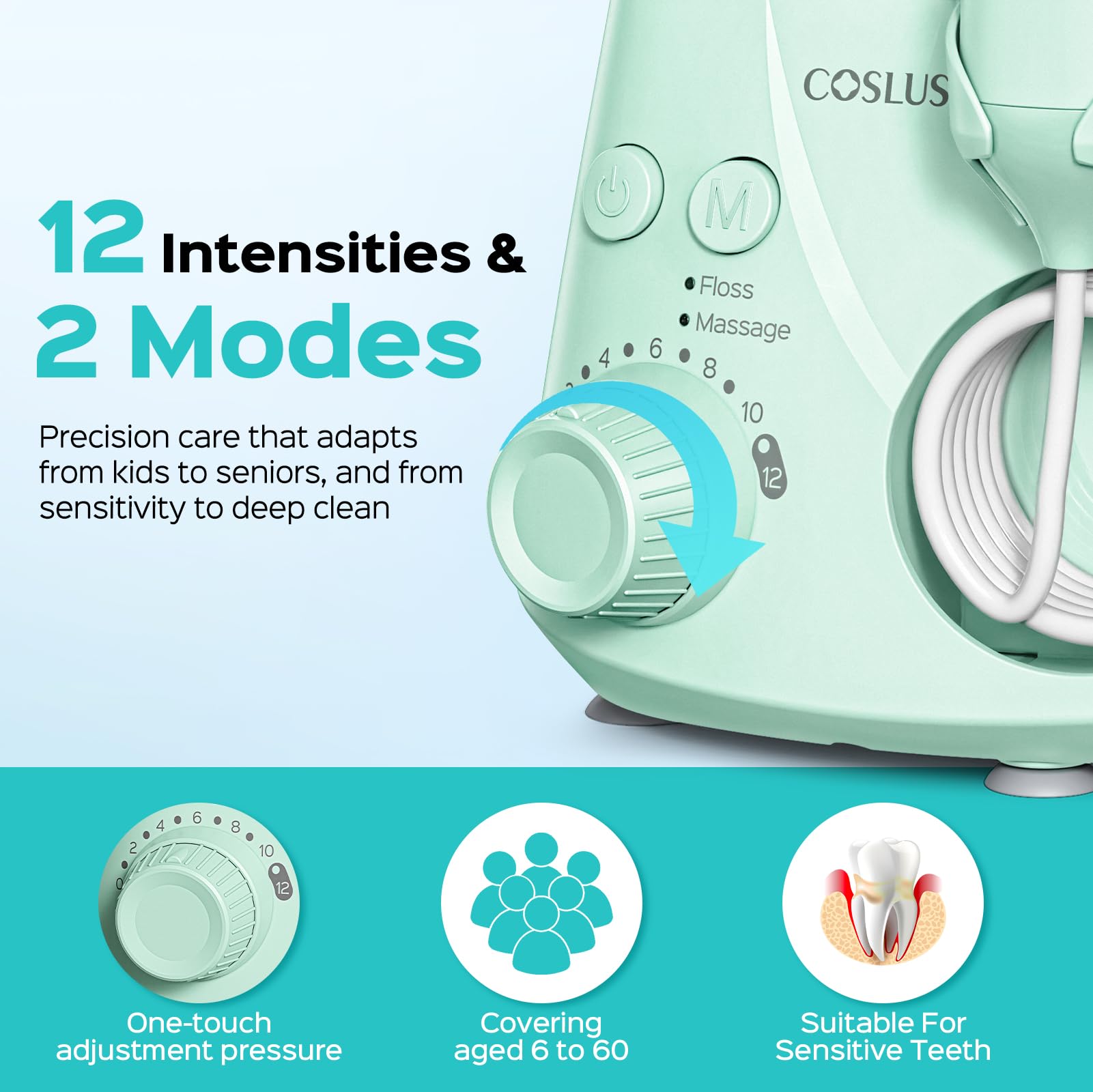 COSLUS E2 Water Flosser – 12 Settings, 2 Modes

