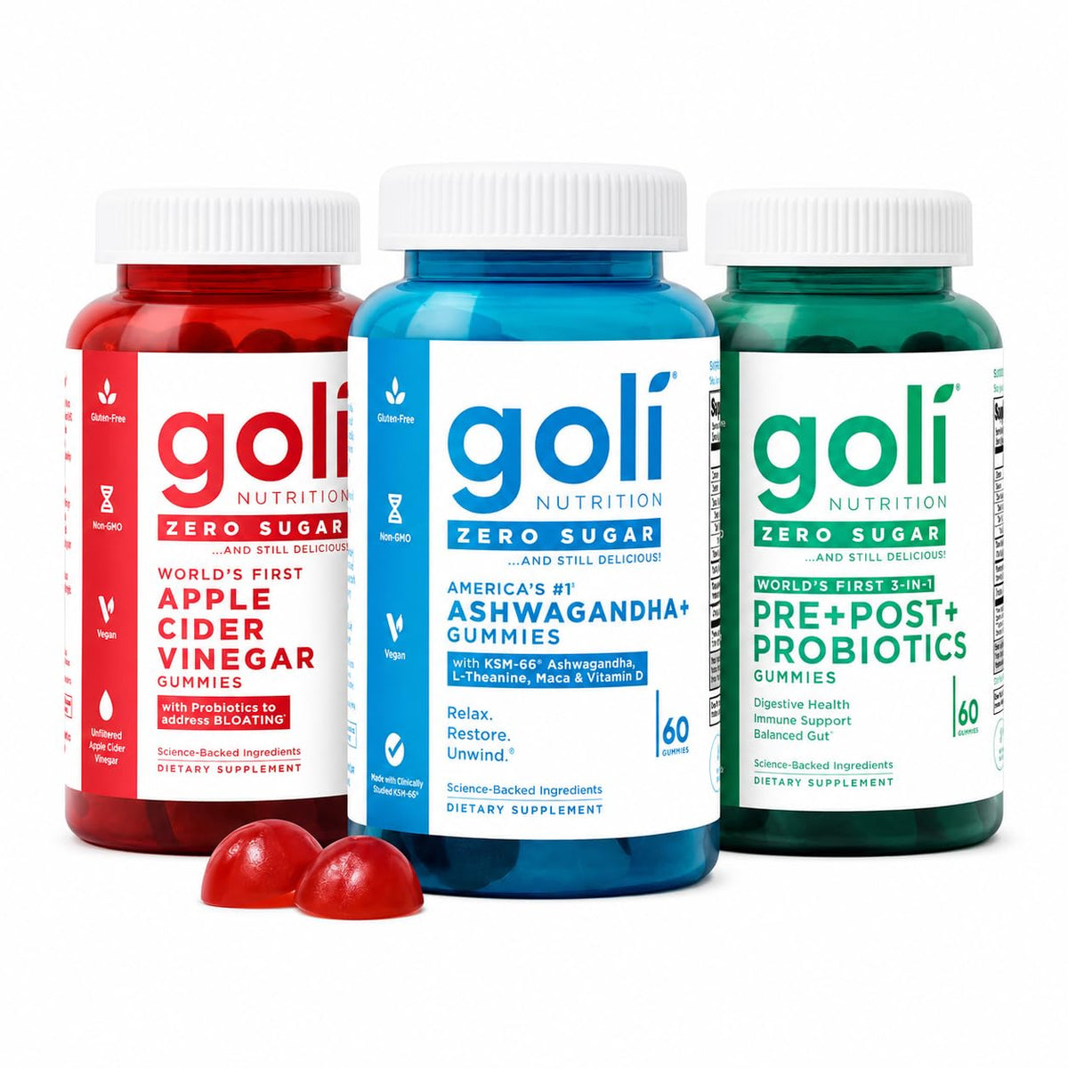 Goli Zero Sugar 3-in-1 Wellness Gummies with Apple Cider Vinegar and Probiotics