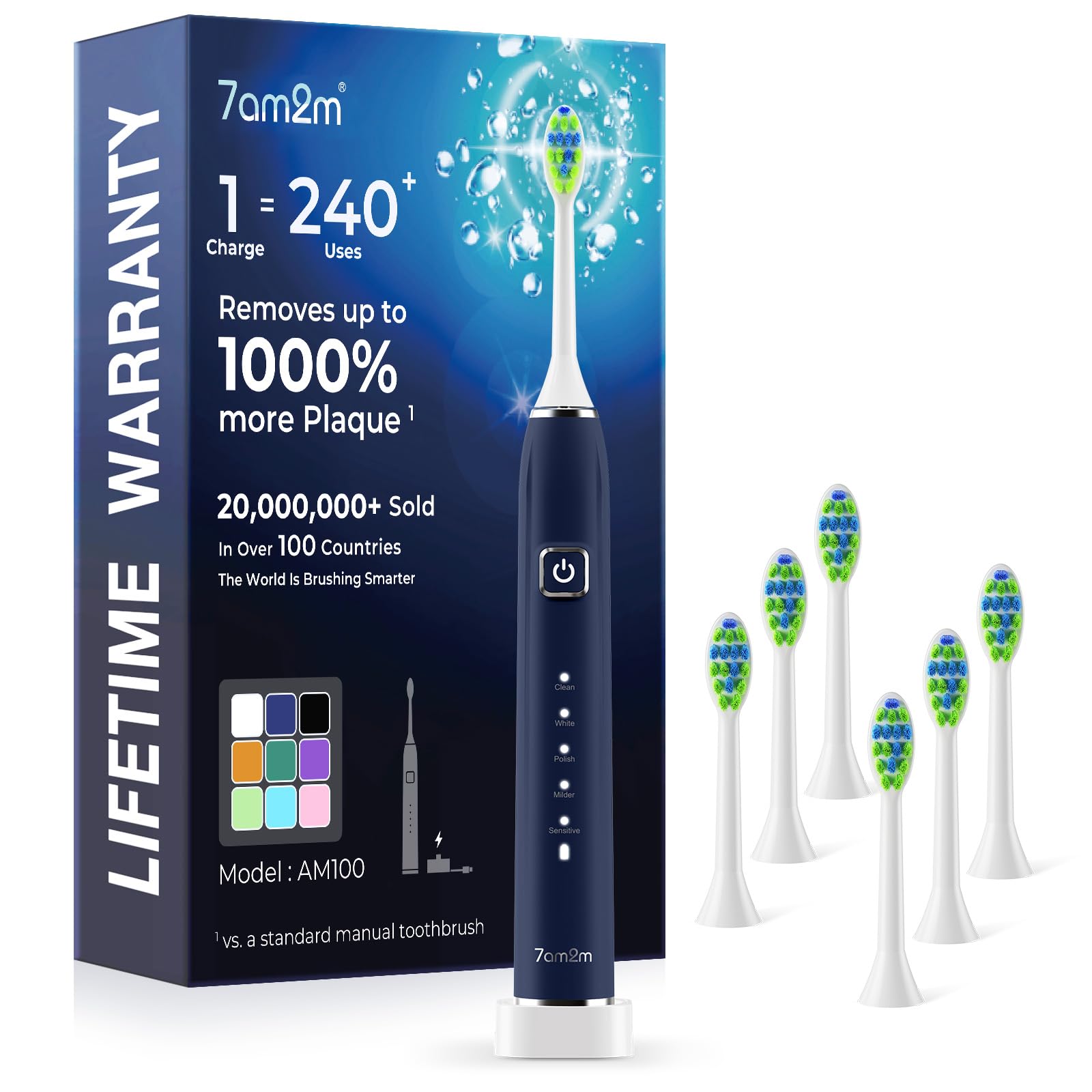 7AM2M Sonic Electric Toothbrush with 6 Brush Heads, 120-Day Battery, 5 Modes
