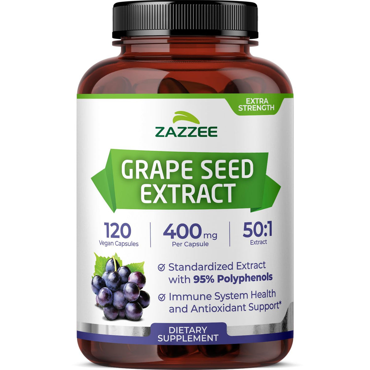 Zazzee Grape Seed Extract 50:1 Dietary Supplement, 95% Polyphenols, Vegan