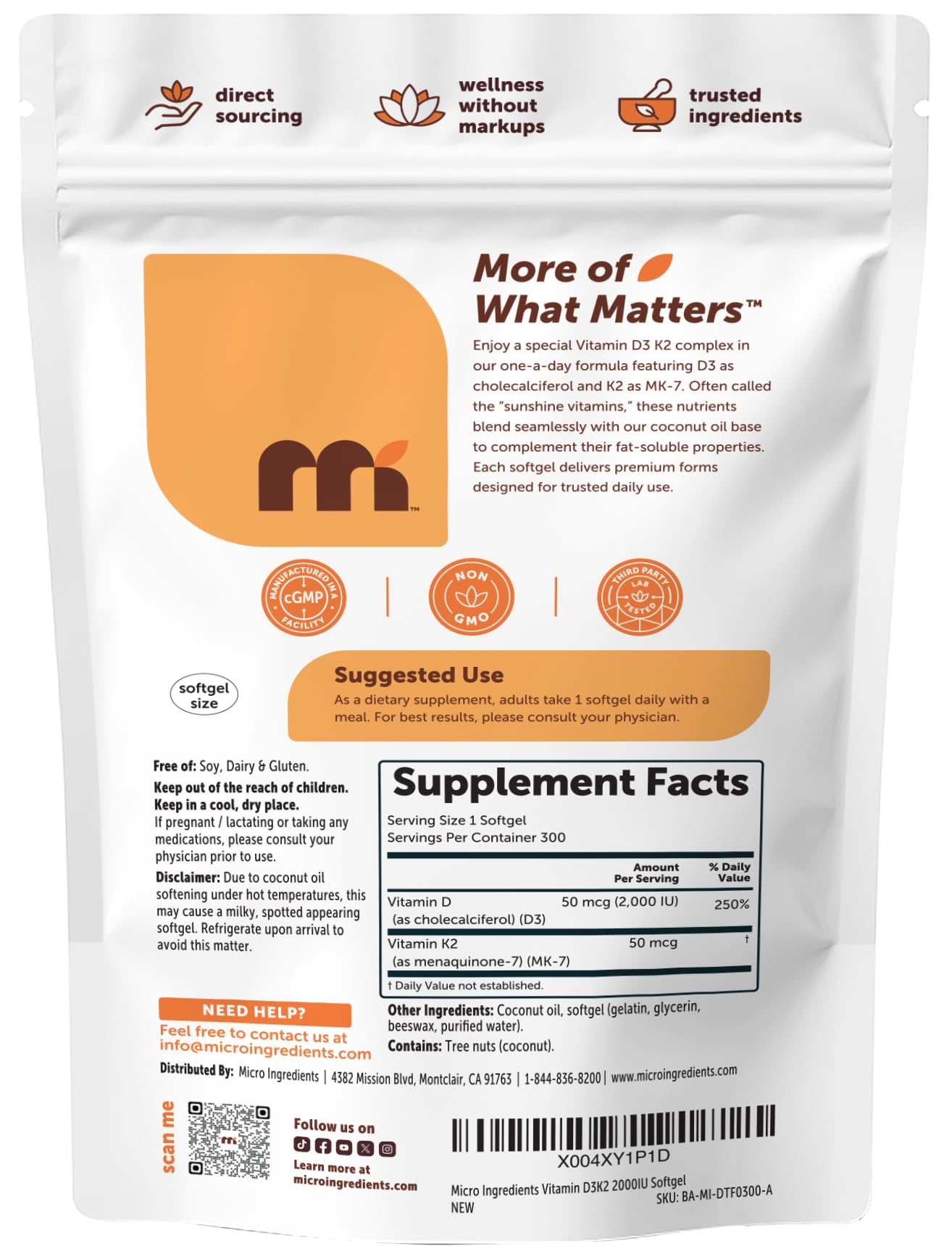 Vitamin D3 + K2 Coconut Oil Softgels by Micro Ingredients

