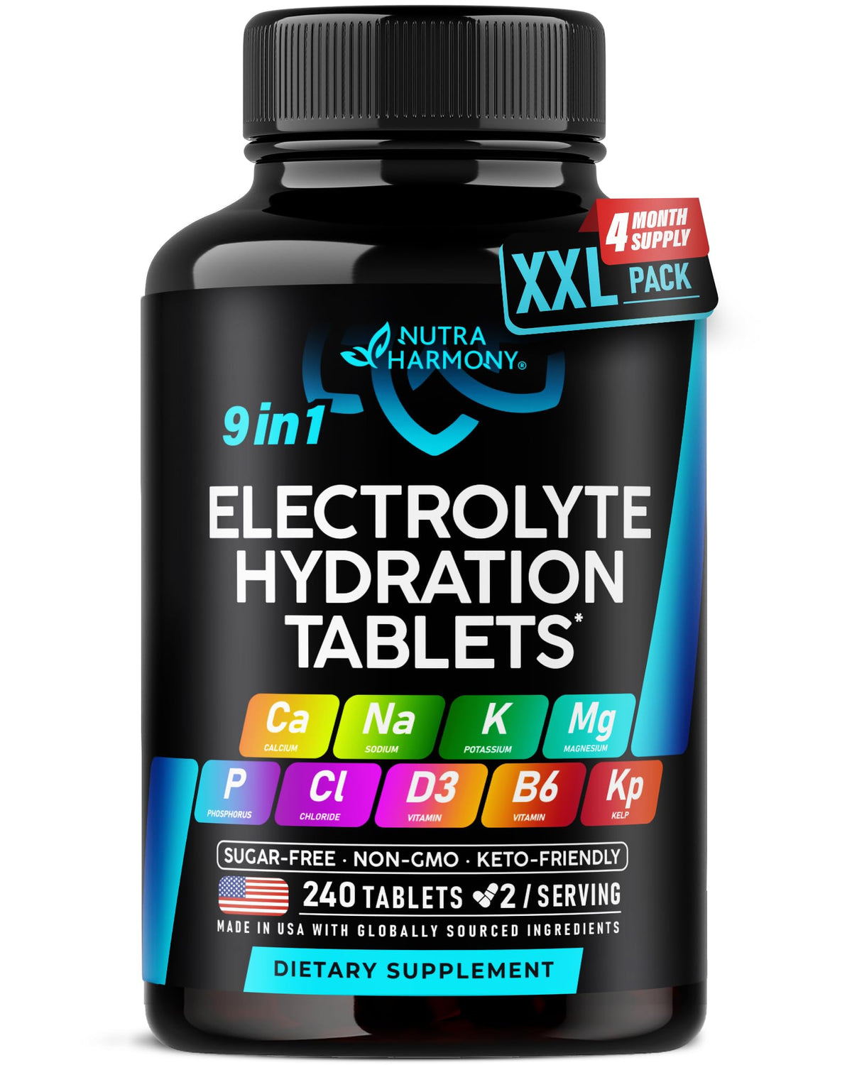NutraHarmony Electrolyte Tablets with Magnesium, Sodium, Potassium, Chloride, D3 and B6, Kelp