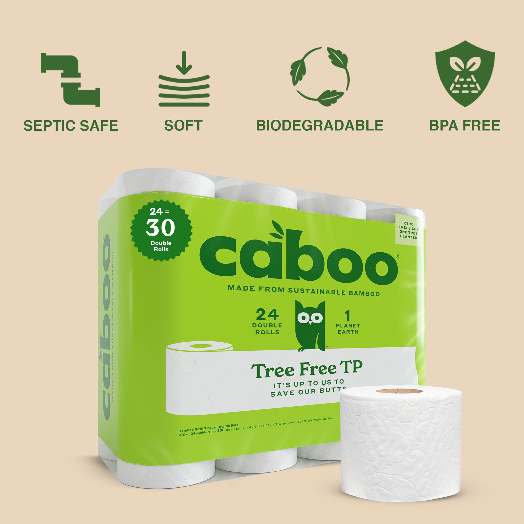 Caboo Tree Free Bamboo Toilet Paper 2-Ply Septic Safe

