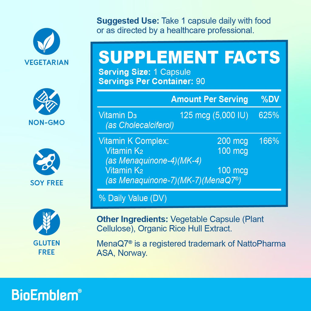 BioEmblem Vitamin D and K Supplement - Vegetarian, Non-GMO

