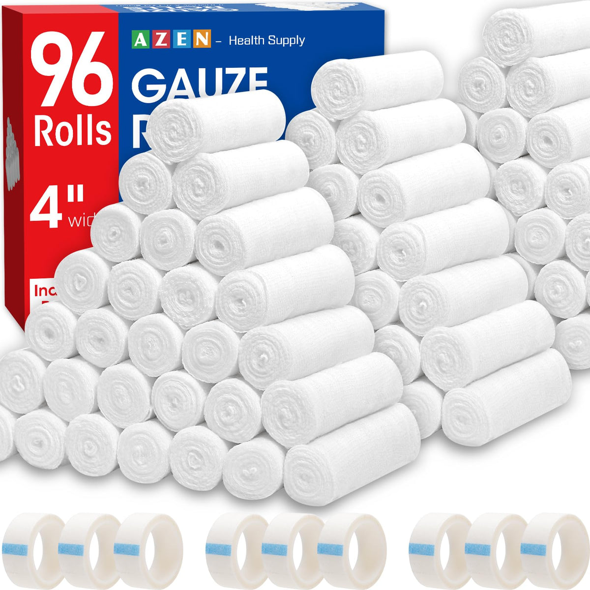 AZEN Gauze Roll Bandages for Wound Care - Non-Stick