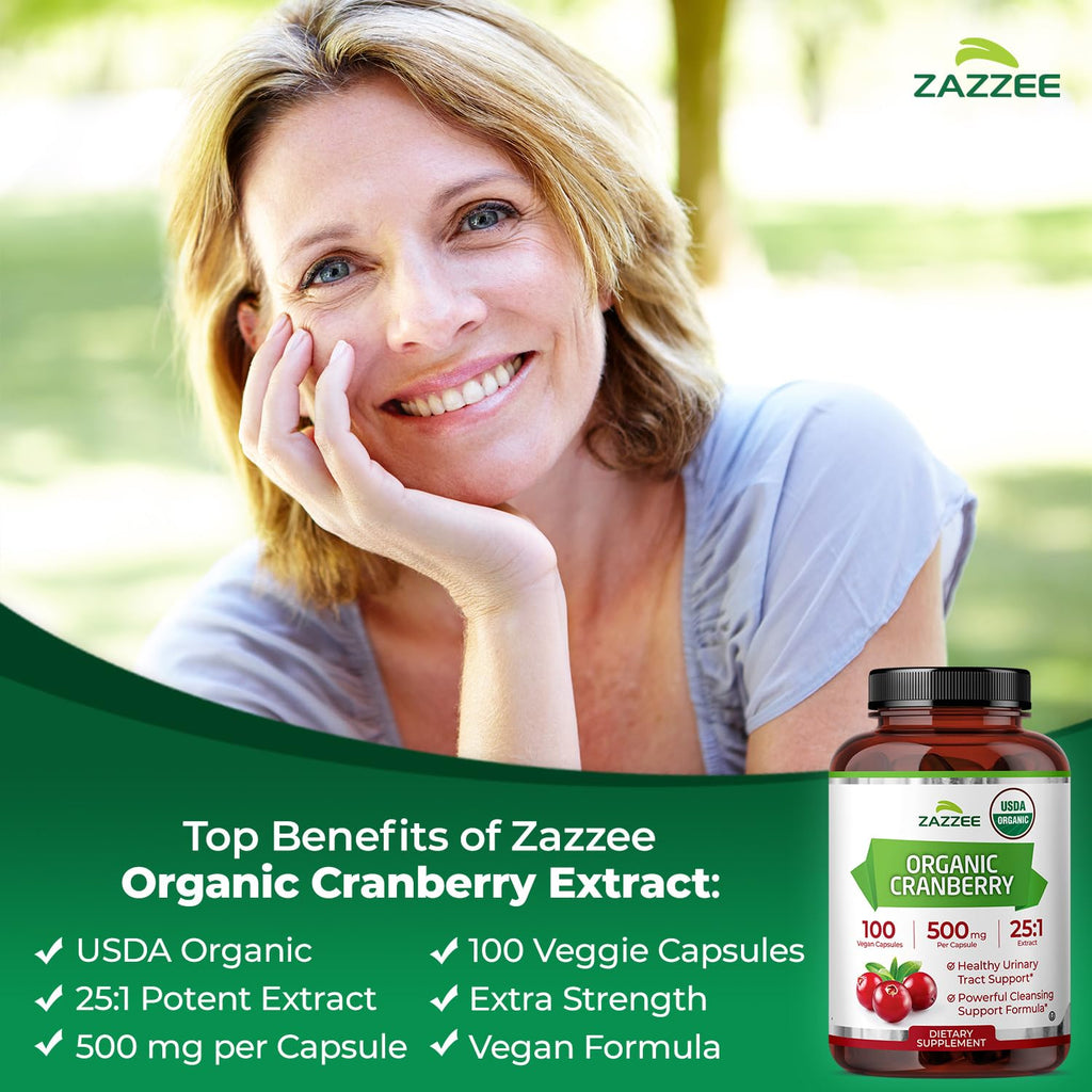 Zazzee USDA Organic Cranberry Extract 25:1, 500 mg Capsule

