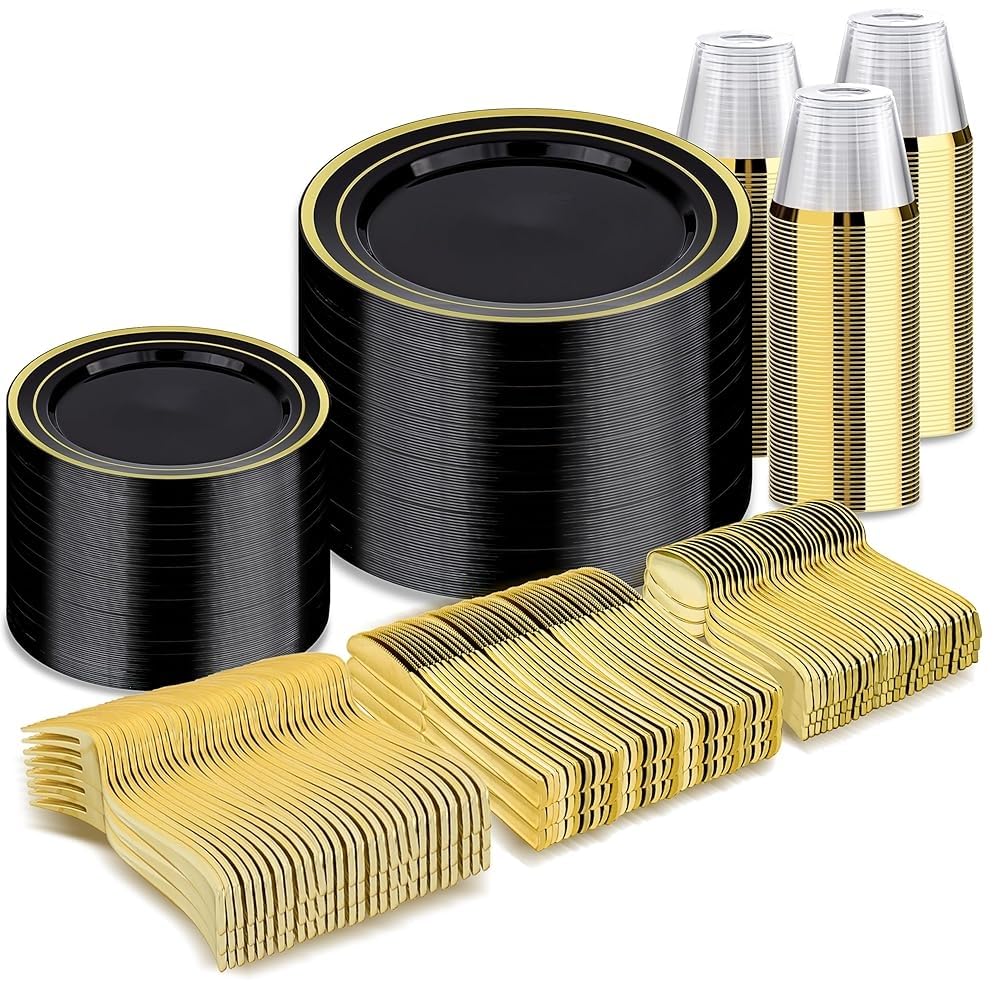 BESTVIP Disposable Dinnerware Set - Plastic Plates & Cutlery