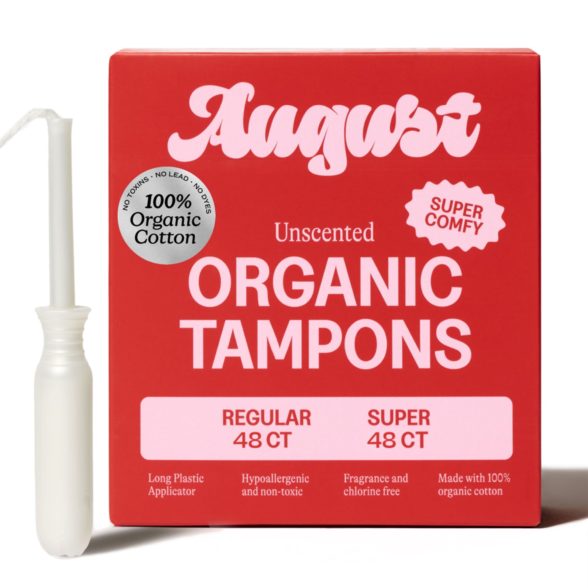 August Organic Cotton Tampons with Easy-Glide Long Applicators