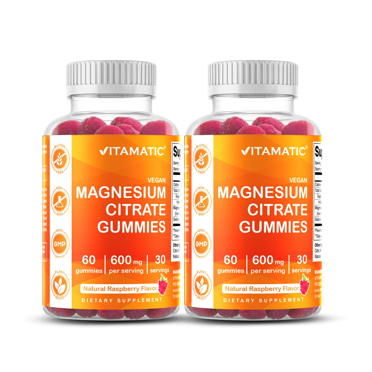 Vitamatic Magnesium Gummies 600 mg per Serving - Vegan Raspberry Flavor