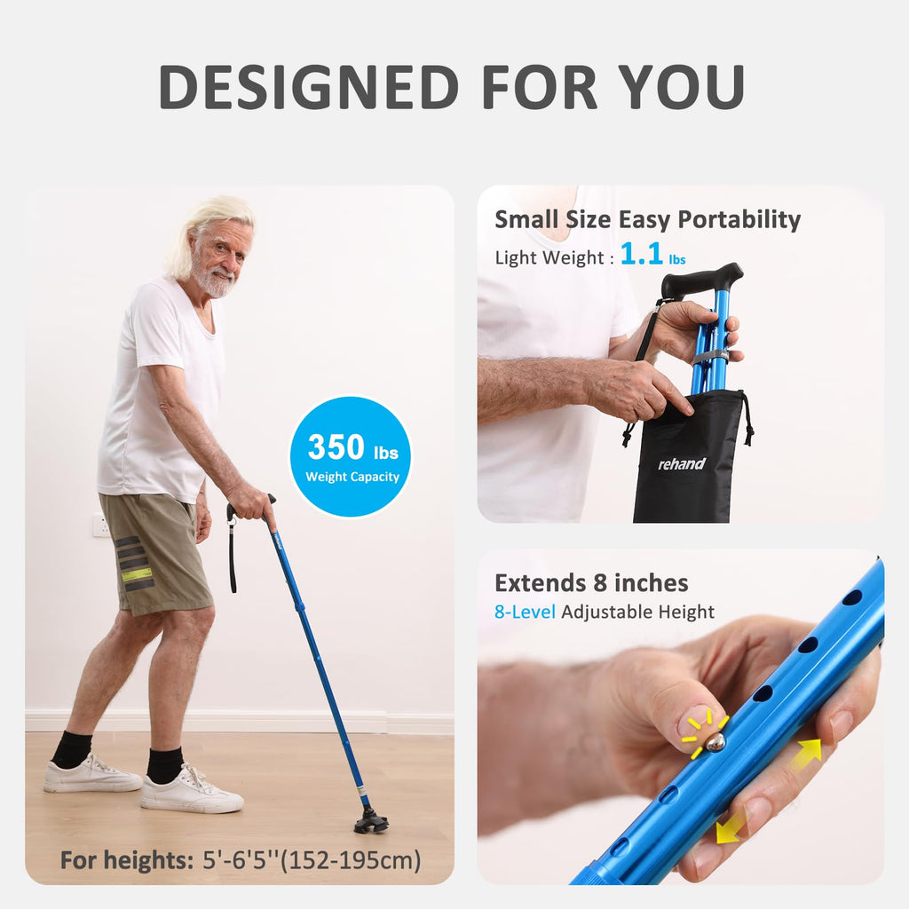 Walking Cane REHAND Foldable Adjustable Self-Standing Pivot

