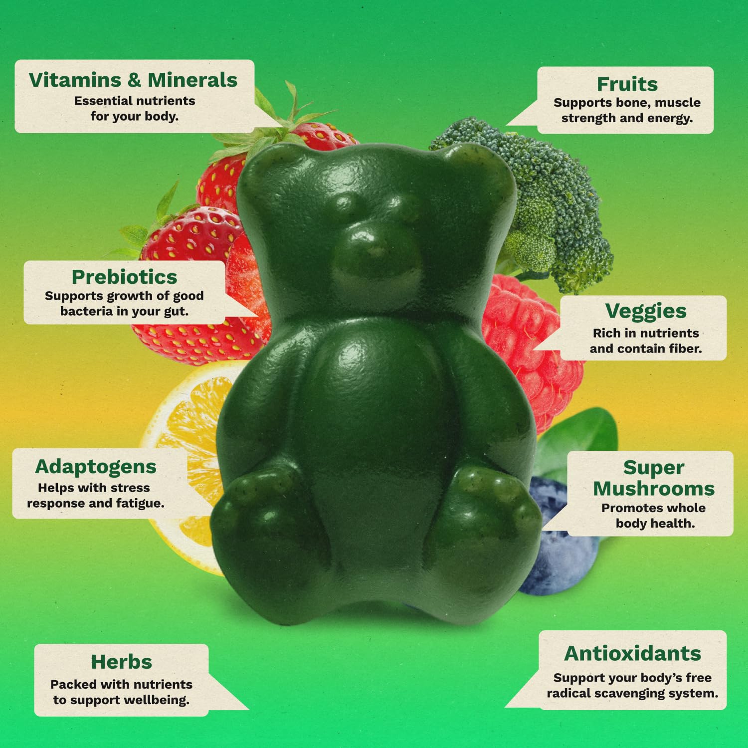 Grüns Adult Greens Gummies Multivitamin with Prebiotic Fiber

