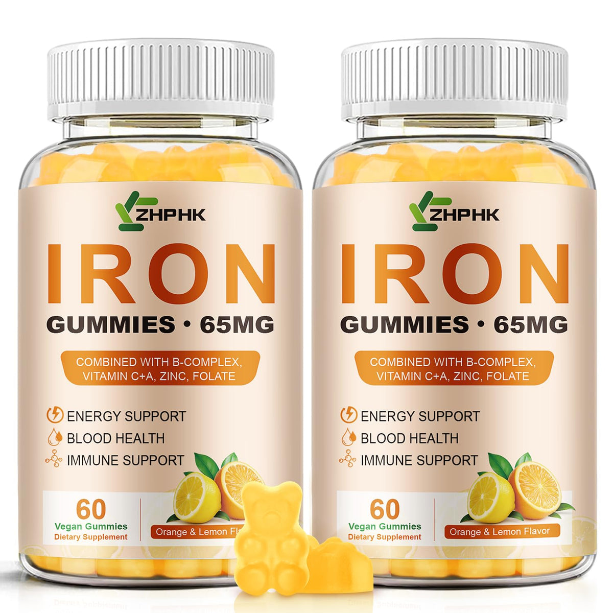 ZHPHK Iron Gummies – 65mg Iron with Folate, Gluten-Free Vegan
