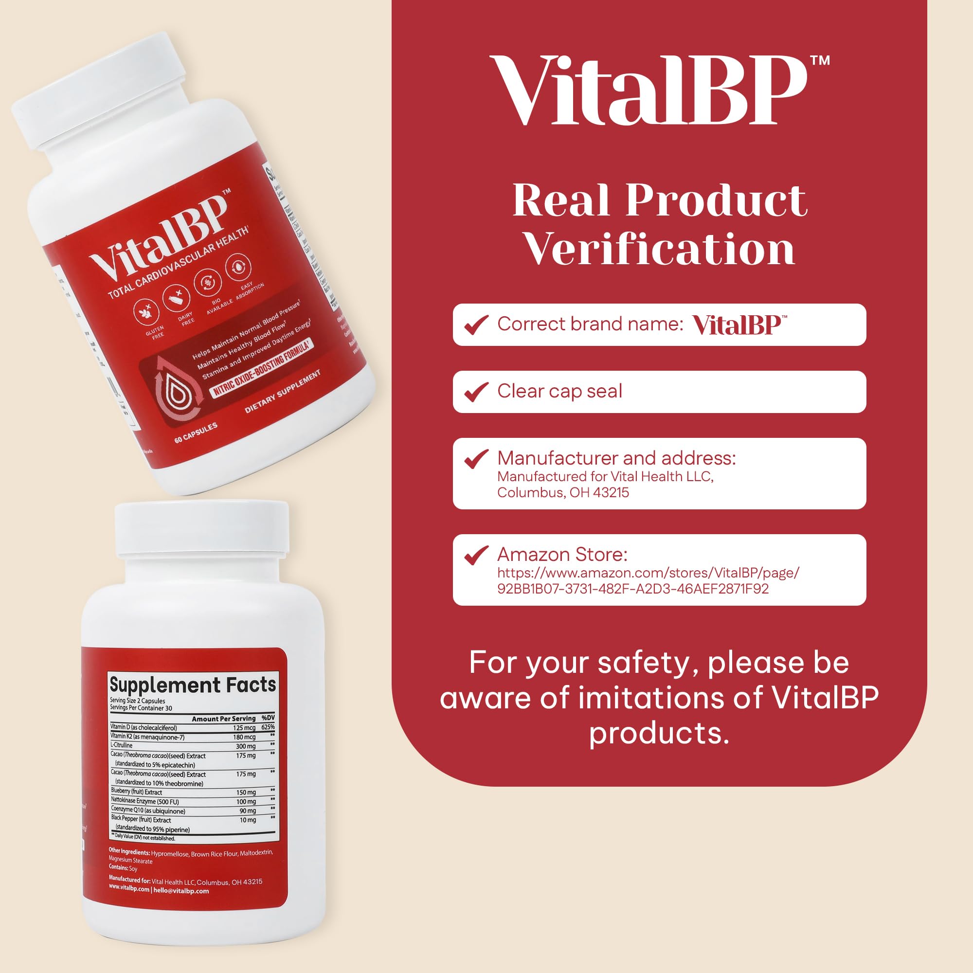 Vital BP Blood Pressure Support with CoQ10 L-Citrulline K2 D3

