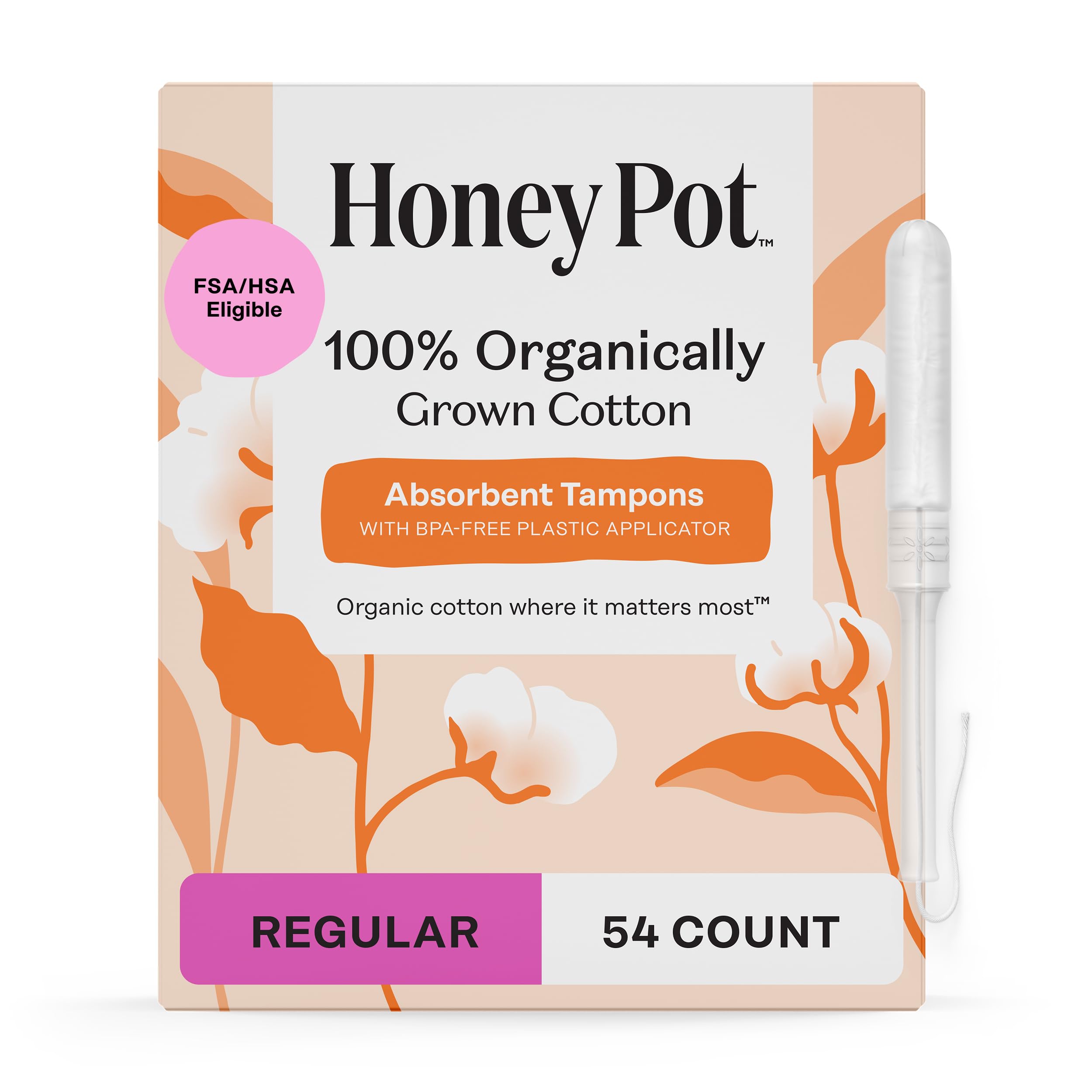 Honey Pot Organic Cotton Tampons with Bio Plastic Applicator - Fragrance-Free Feminine Care