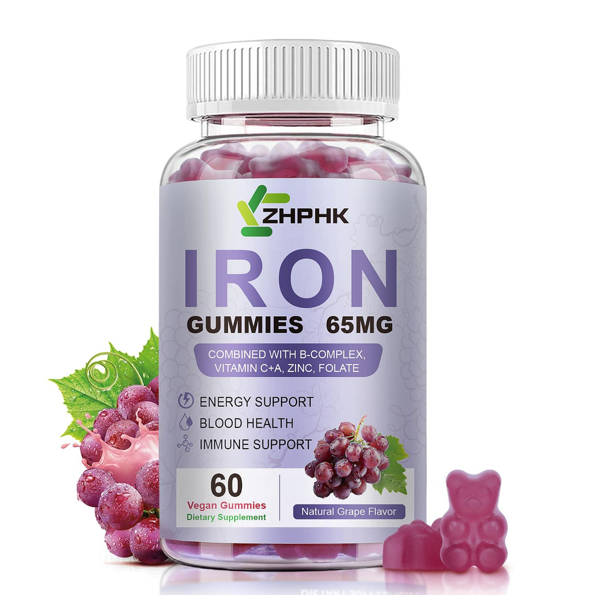 ZHPHK Iron Gummies – 65mg Iron with Folate, Gluten-Free Vegan