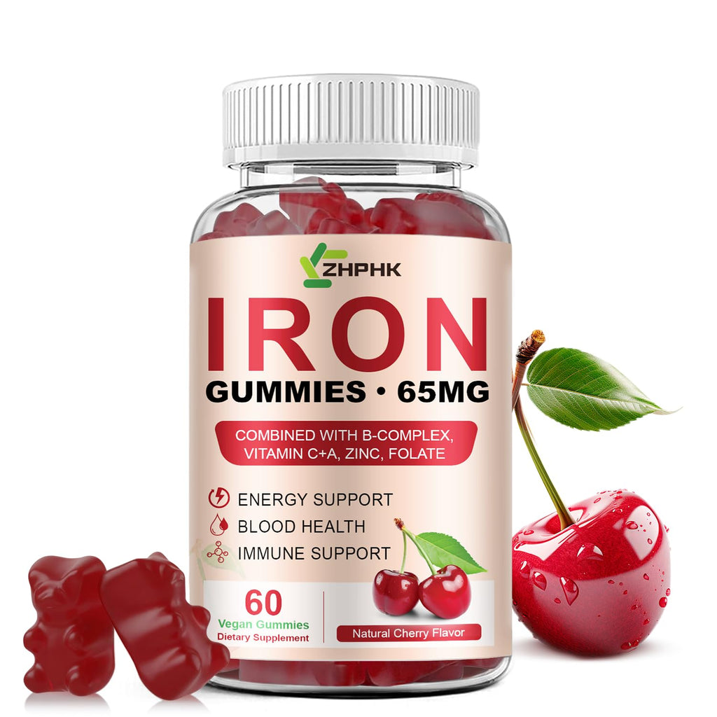 ZHPHK Iron Gummies – 65mg Iron with Folate, Gluten-Free Vegan