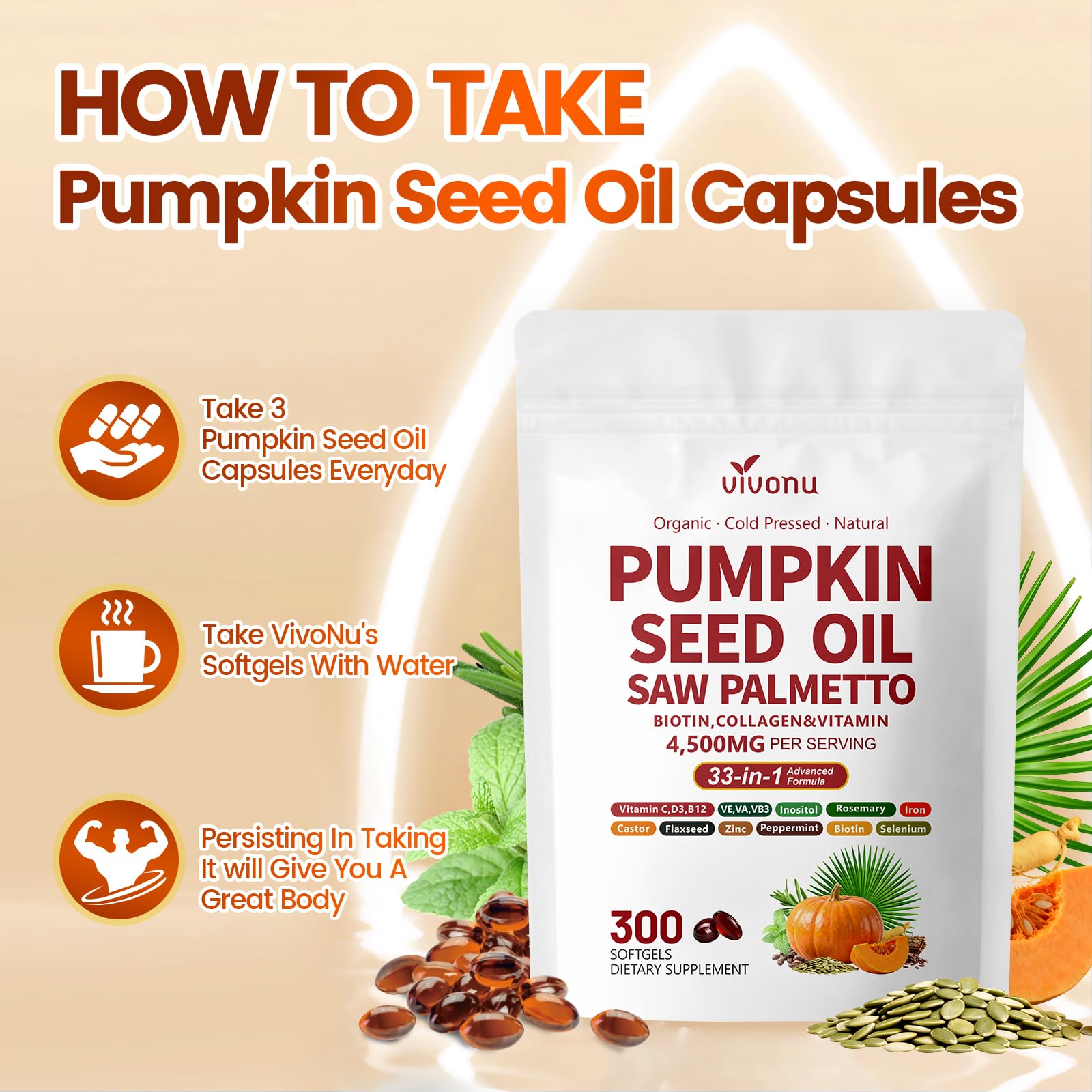 VivoNu Pumpkin Seed Oil with Saw Palmetto Hair Growth

