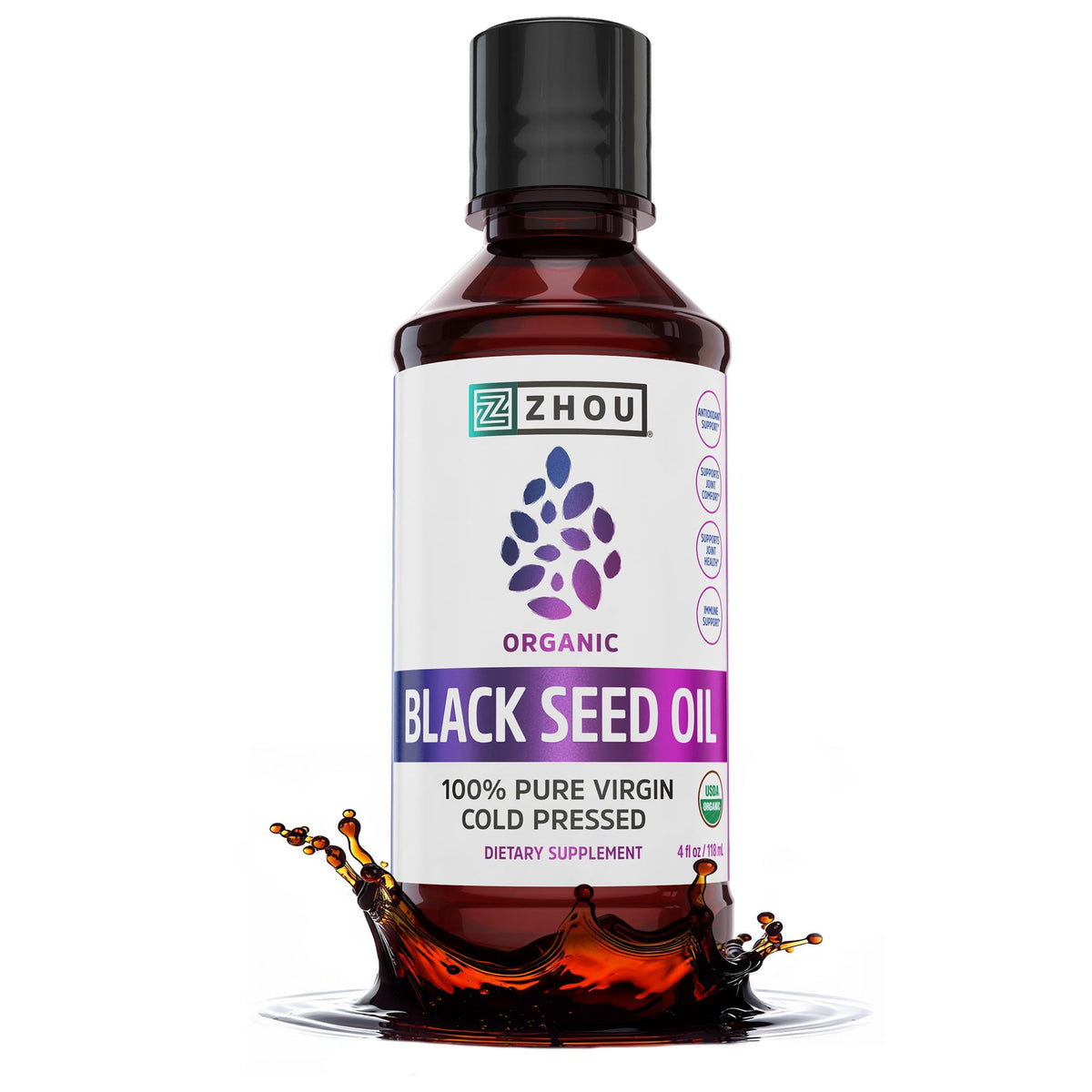 Zhou Organic Black Seed Oil - Pure Nigella Sativa Cold-Pressed Black Cumin Oil