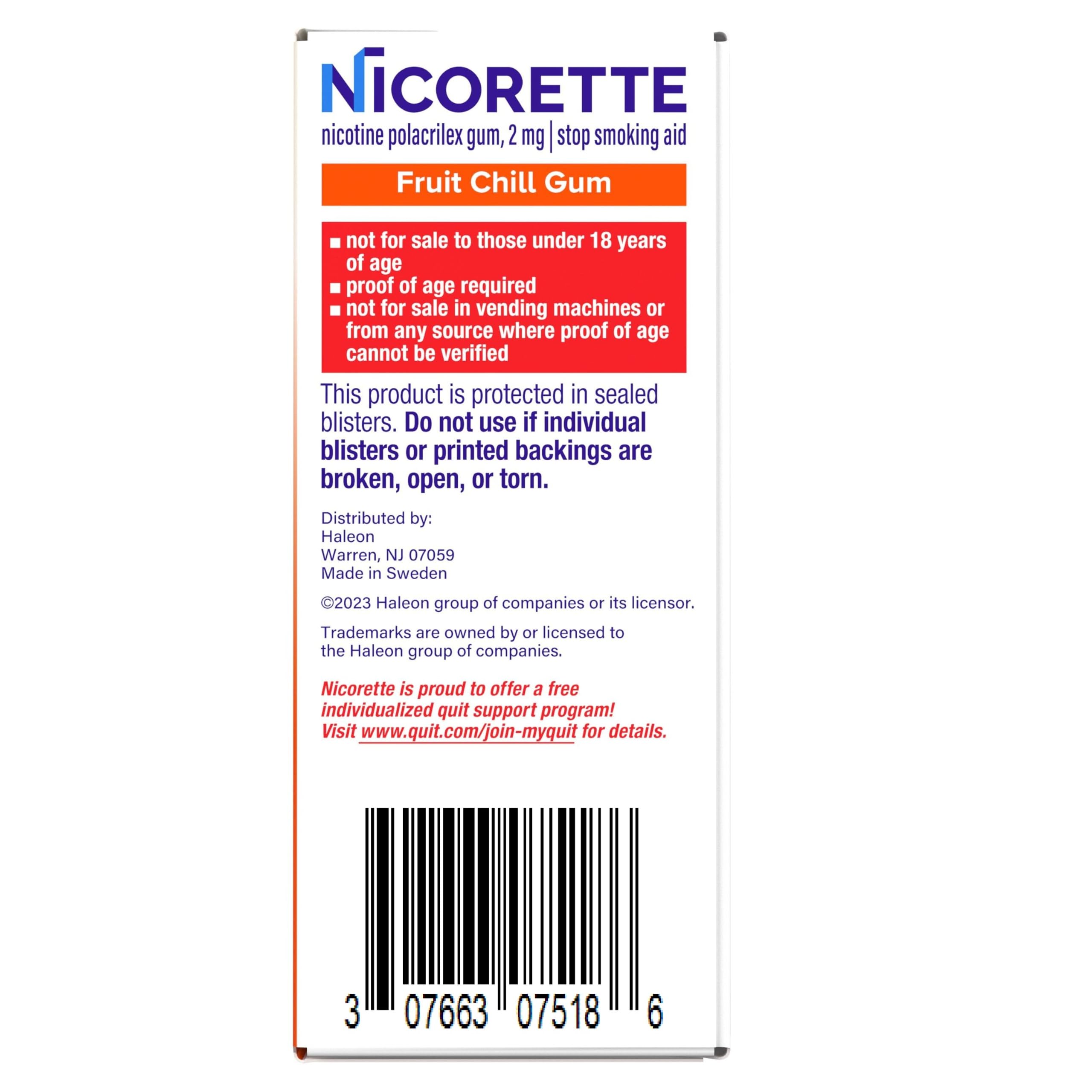 Nicorette 2 mg Fruit Chill Nicotine Gum Stop Smoking Aid

