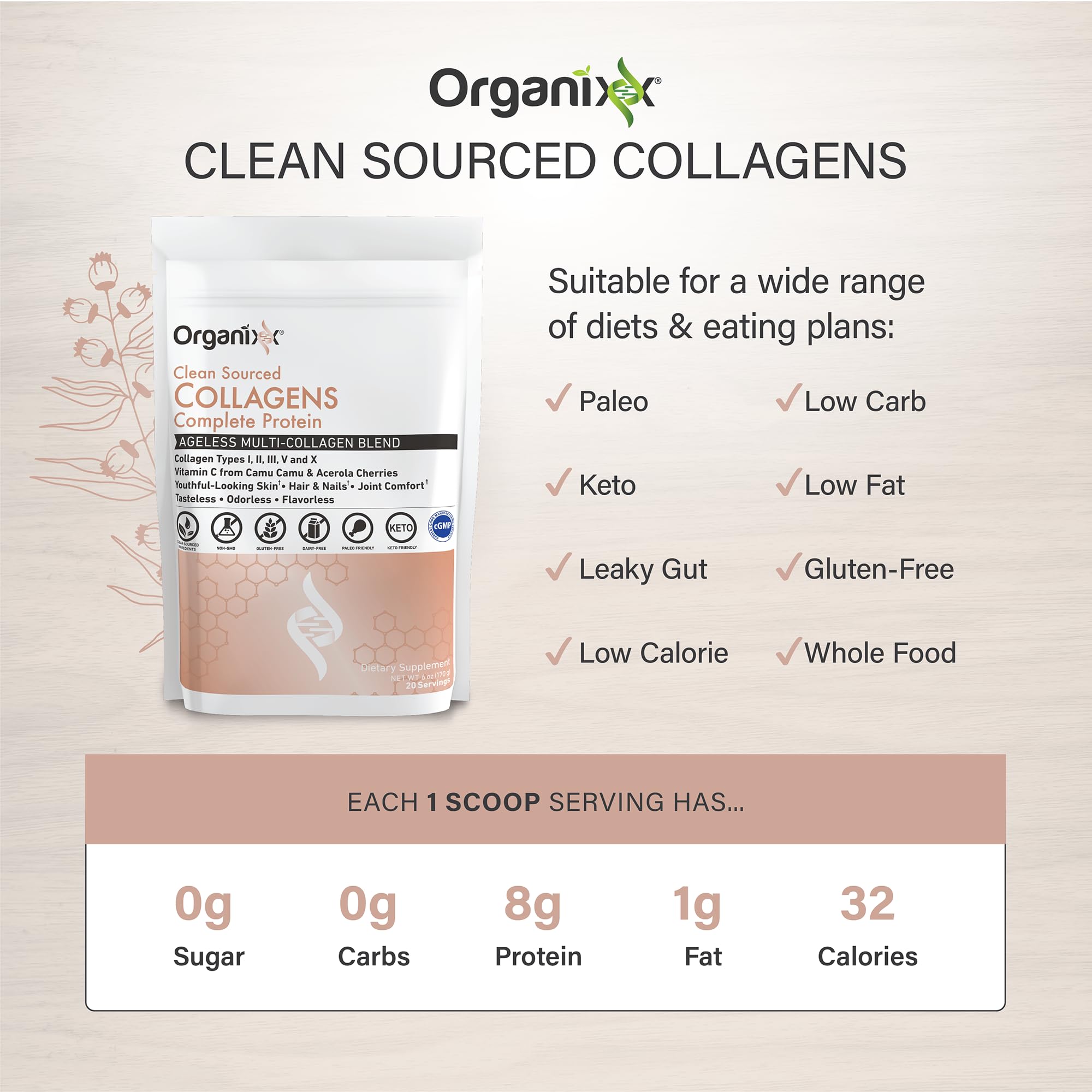 Organixx Clean Sourced Collagen Peptides with Vitamin C

