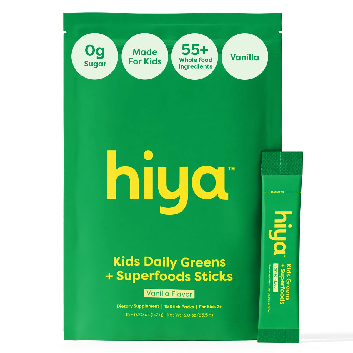HIYA Kids Greens Powder Sticks - 55 Whole-Food Ingredients for Kids
