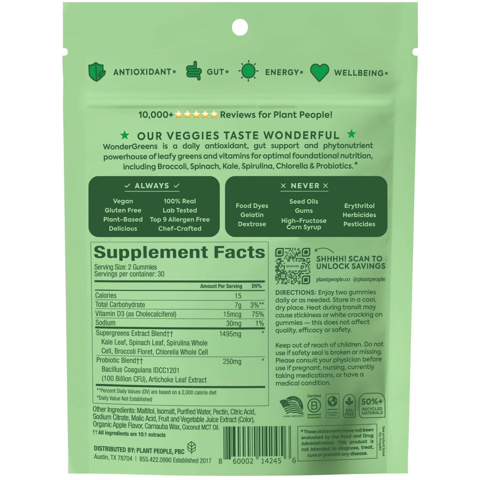Plant People WonderGreens Veggie Gummies with Probiotics

