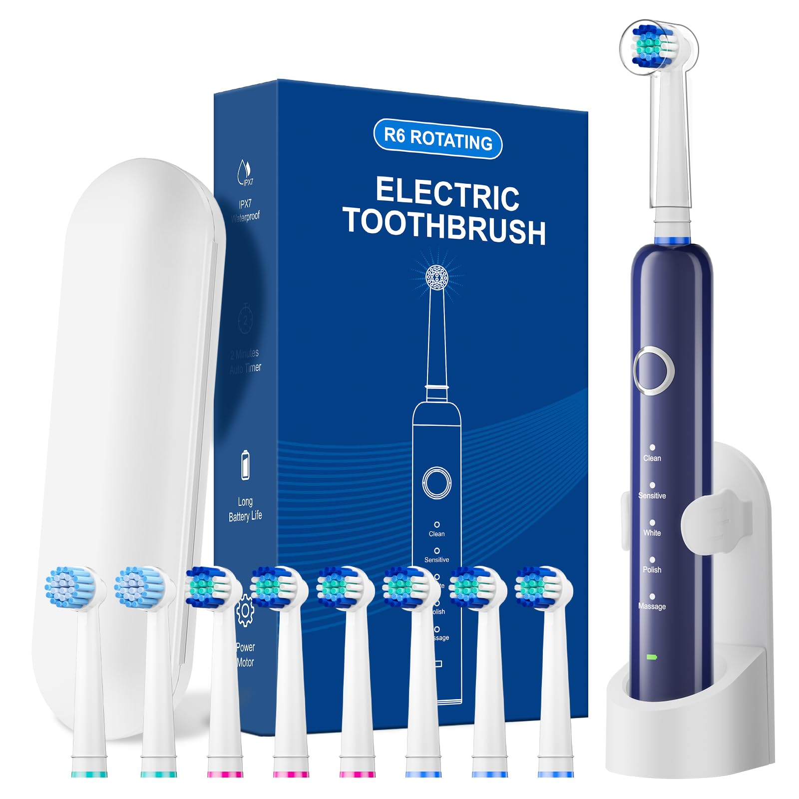 Rotating Electric Toothbrush for Adults with 8 Heads, Travel Case, 2-Min Timer, 5 Modes