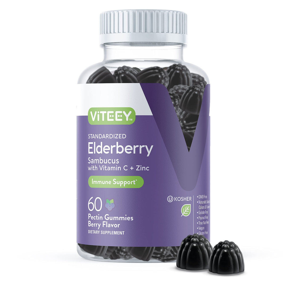 Viteey Sambucus Elderberry Gummies - Immunity Support with Vitamin C & Zinc - Vegan, Gluten-Free