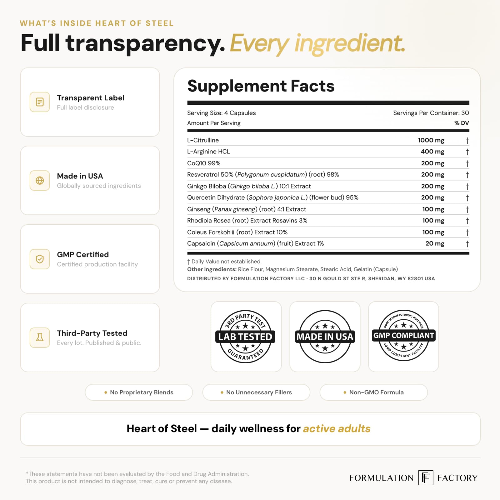 Nitric Oxide Supplement - Formulation Factory Heart of Steel

