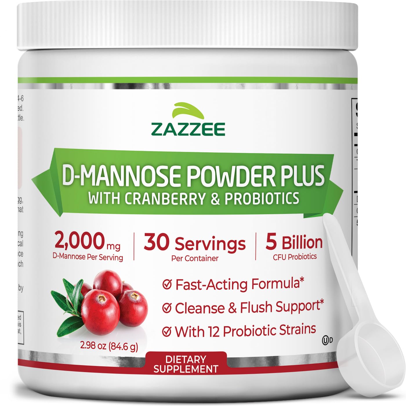 Zazzee D-Mannose Powder Plus with Probiotics and Cranberry Extract
