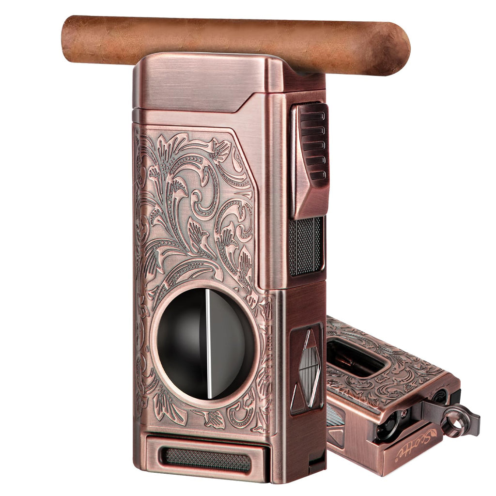 Quad Jet Flame Torch Lighter with Cigar Cutter, Punch & Holder