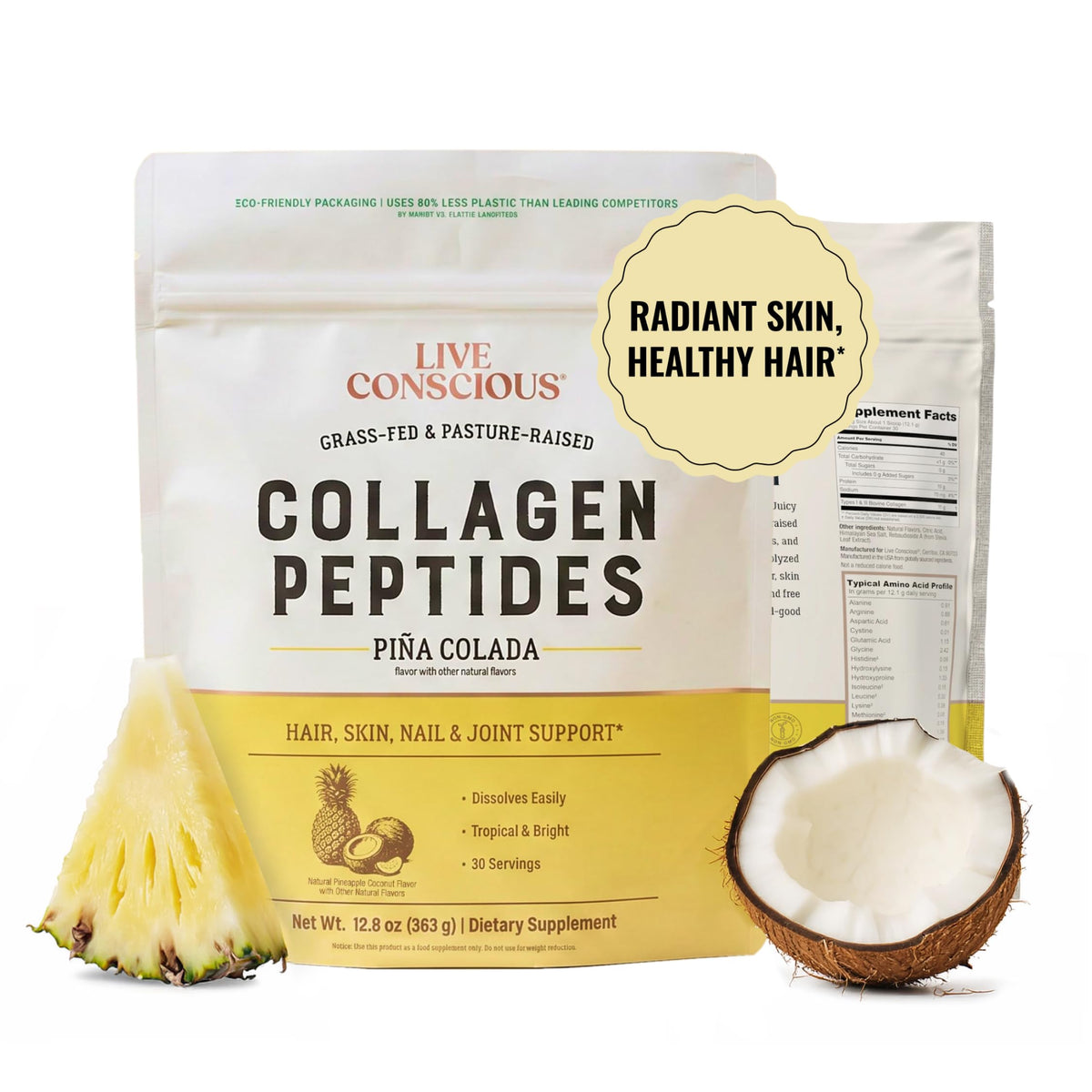 Live Conscious Collagen Peptides Powder – Hydrolyzed Type I & III, Grass-Fed