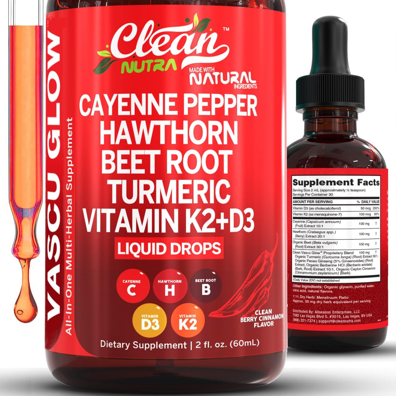 Clean Nutra Cayenne Pepper Drops with Hawthorn, D3 & K2

