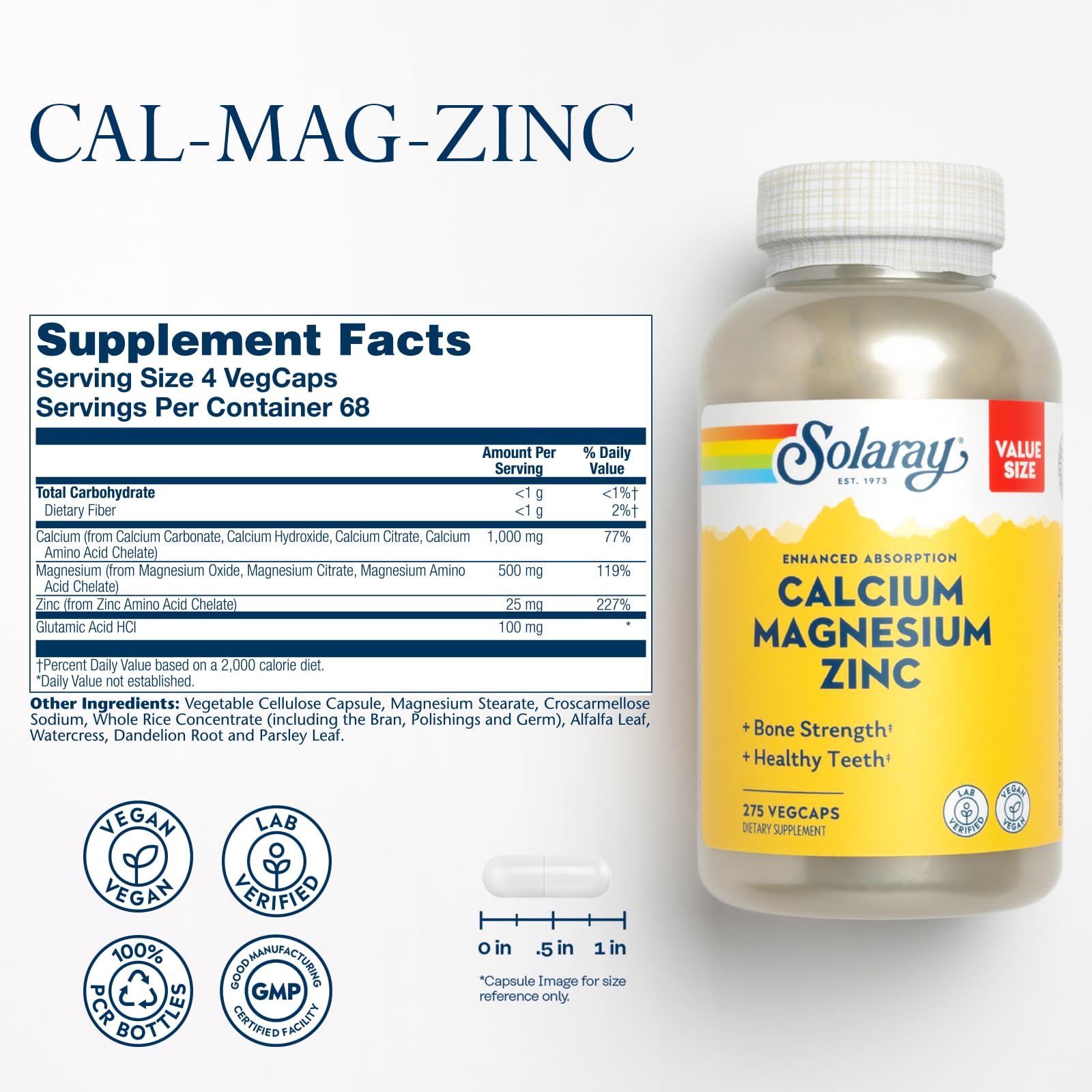SOLARAY Calcium Magnesium Zinc Supplement | Bone Health

