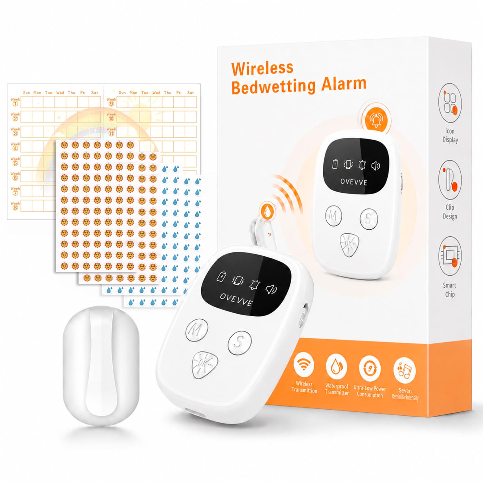 Wireless Bedwetting Alarm for Kids with 7 Melodies, 3 Modes, Progress Card
