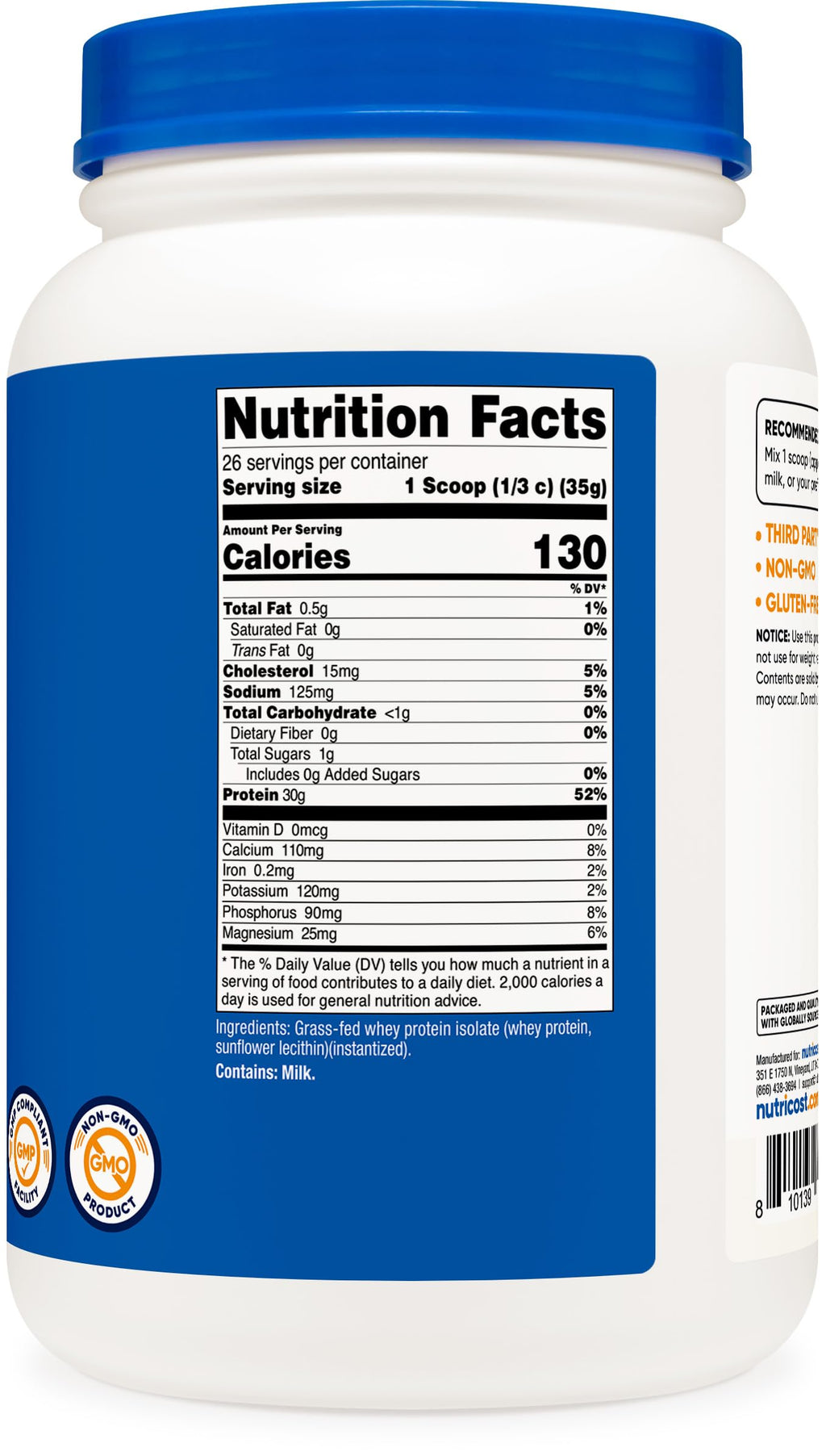 Nutricost Grass-Fed Whey Protein Isolate Non-GMO Gluten Free

